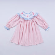 Pink Candy Cane Bow Hand Smocked Ruffle Dress