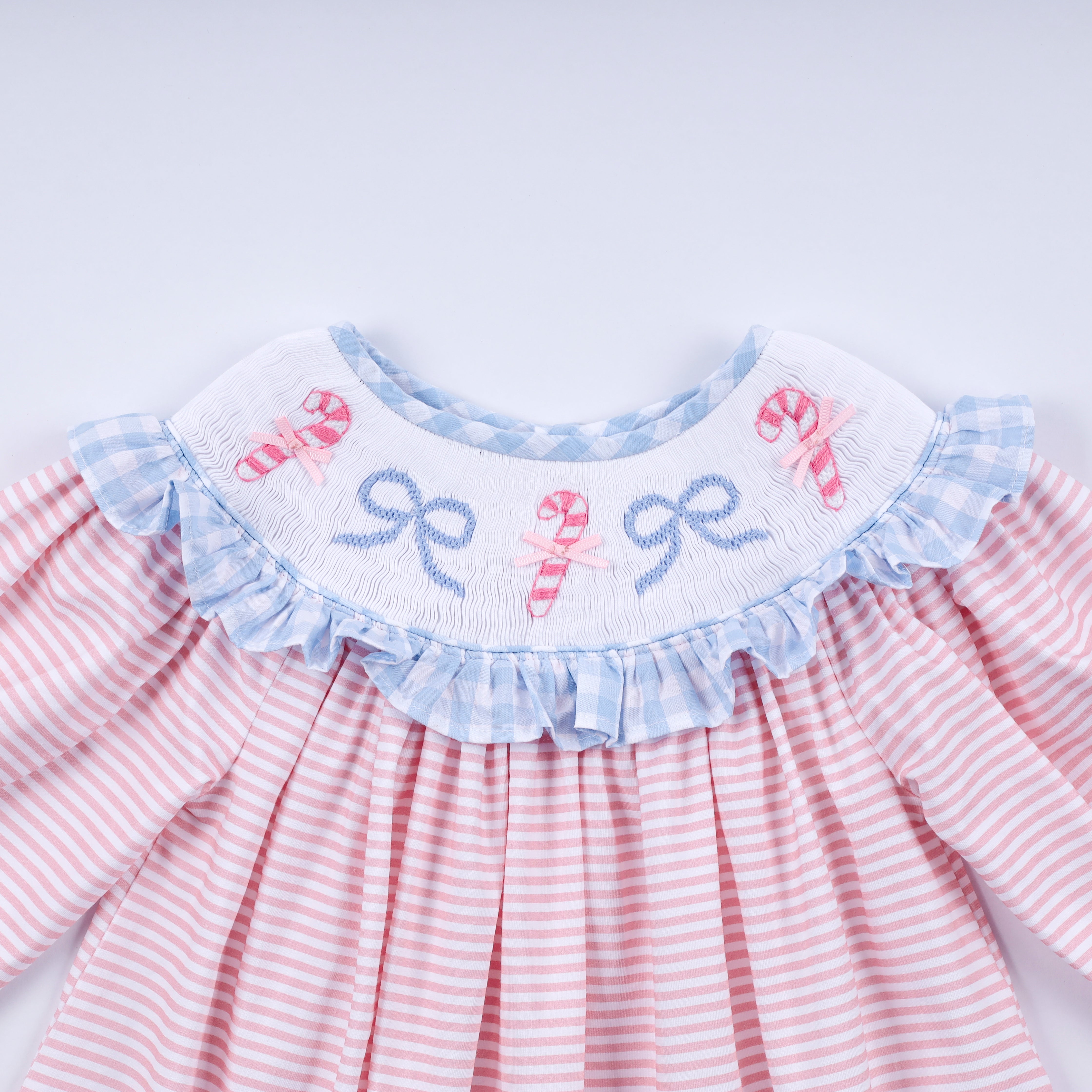 Pink Candy Cane Bow Hand Smocked Ruffle Dress