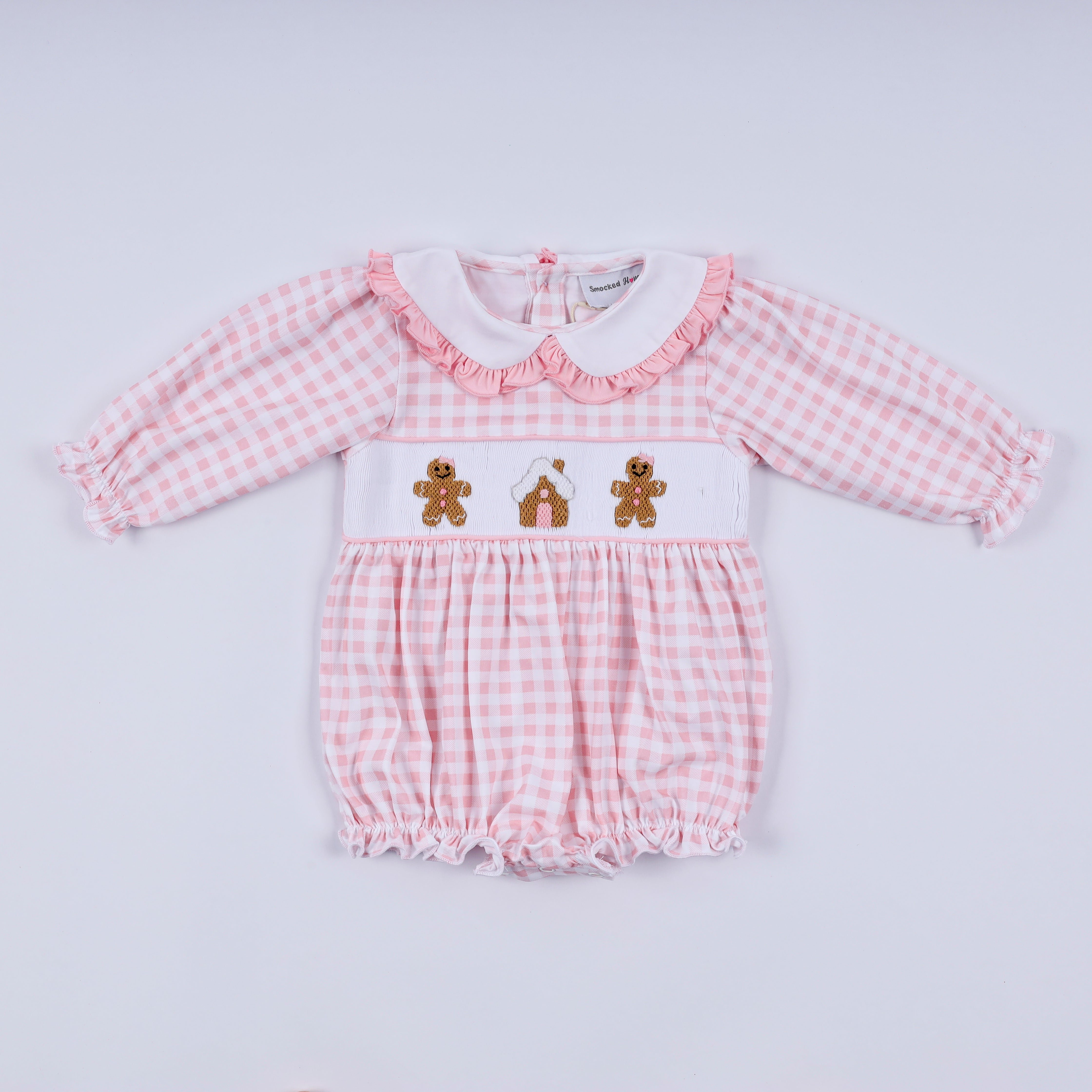 Pink Gingerbread Hand Smocked Gingham Ruffle Bubble