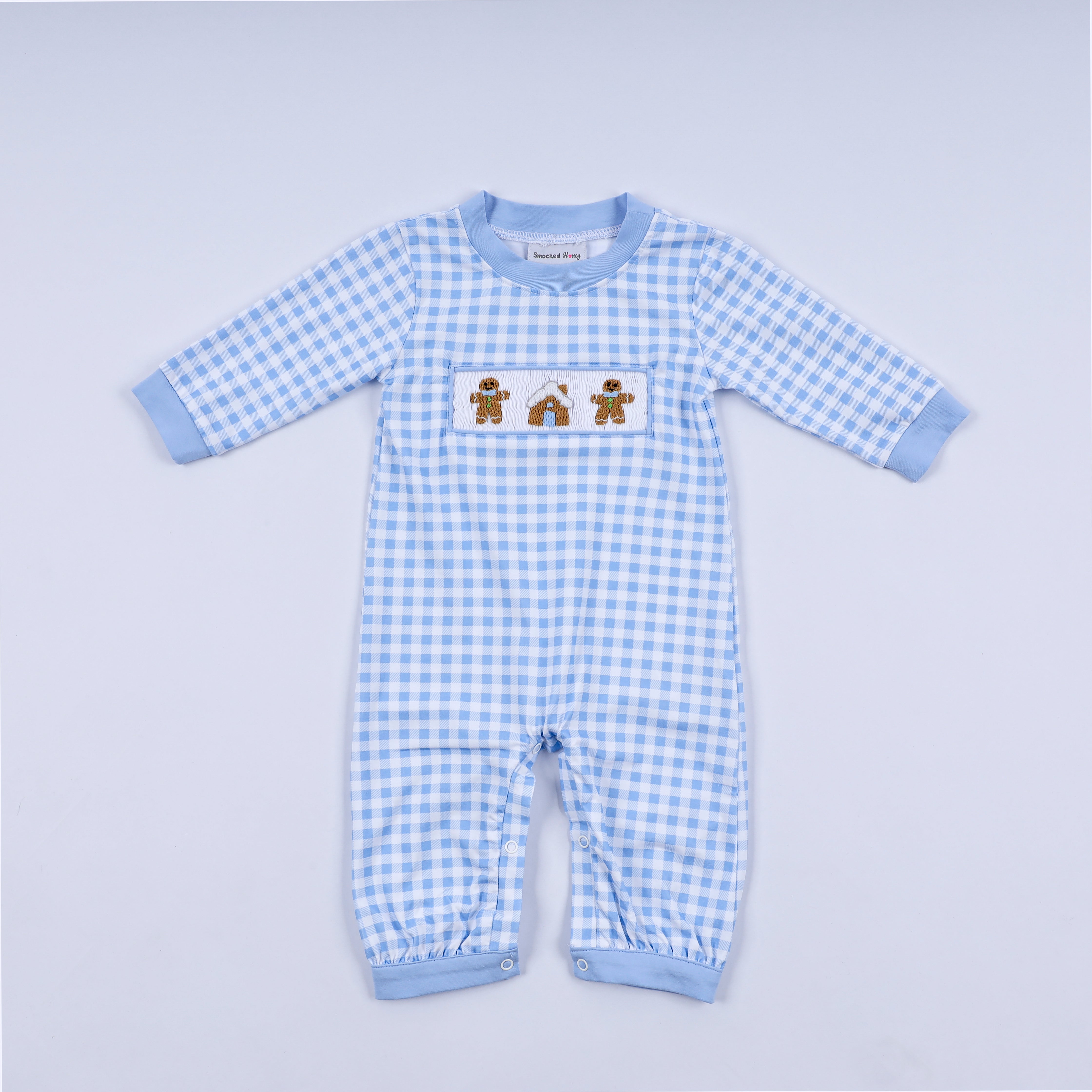 Blue Gingerbread Hand Smocked Gingham Romper