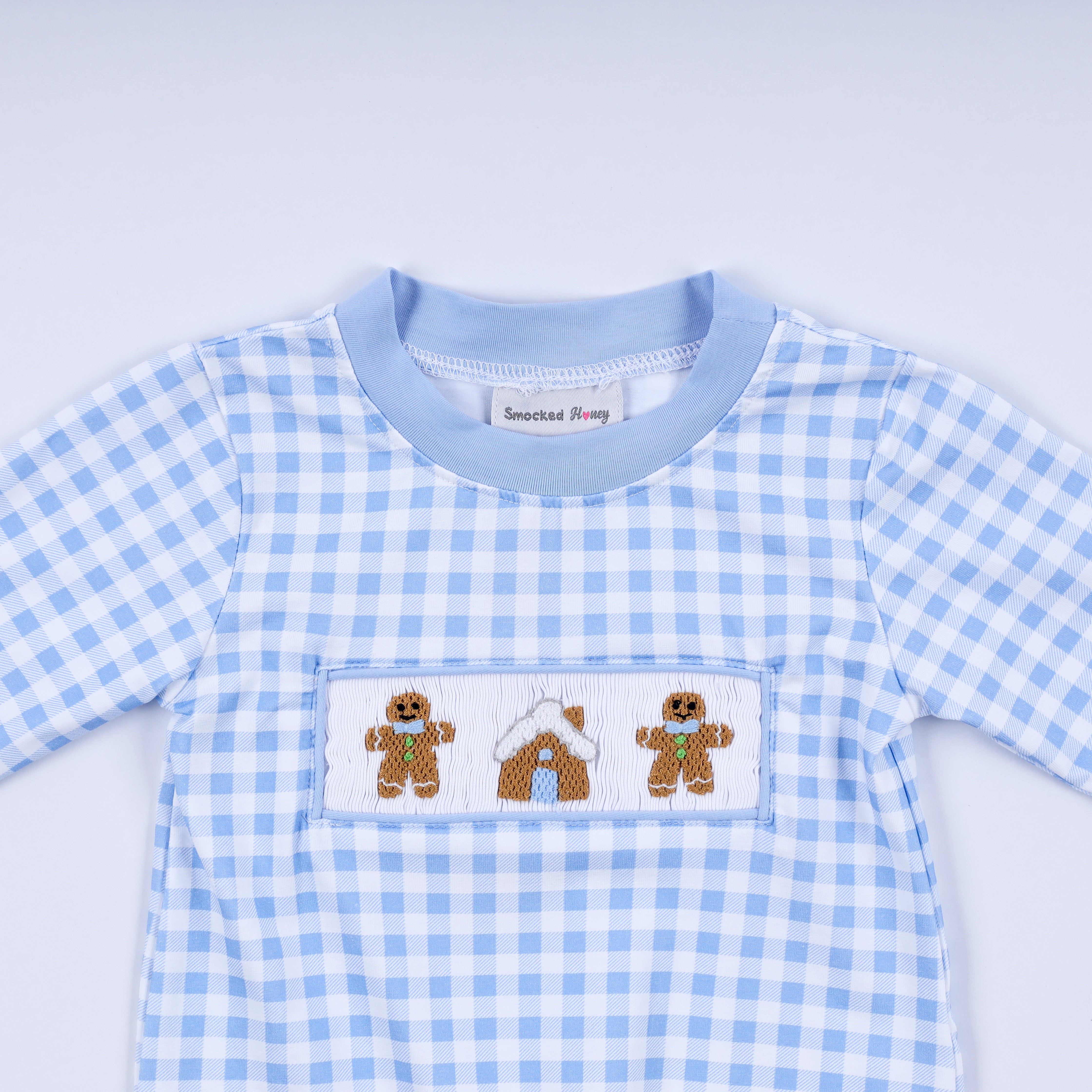 Blue Gingerbread Hand Smocked Gingham Romper