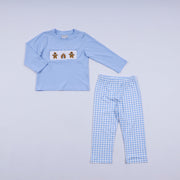 Blue Gingerbread Hand Smocked Gingham Pants Set