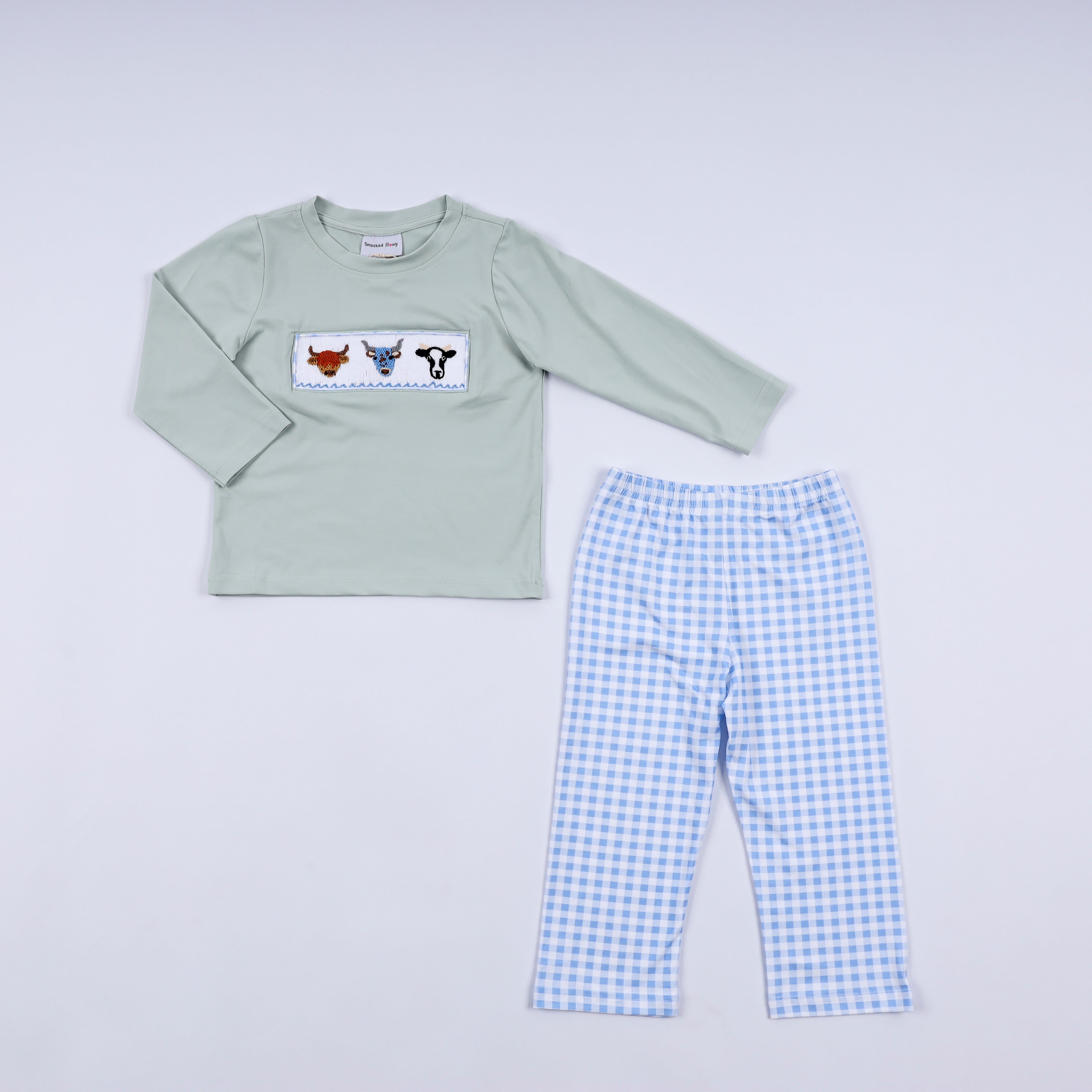 Sage Cow Hand Smocked Gingham Pants Set