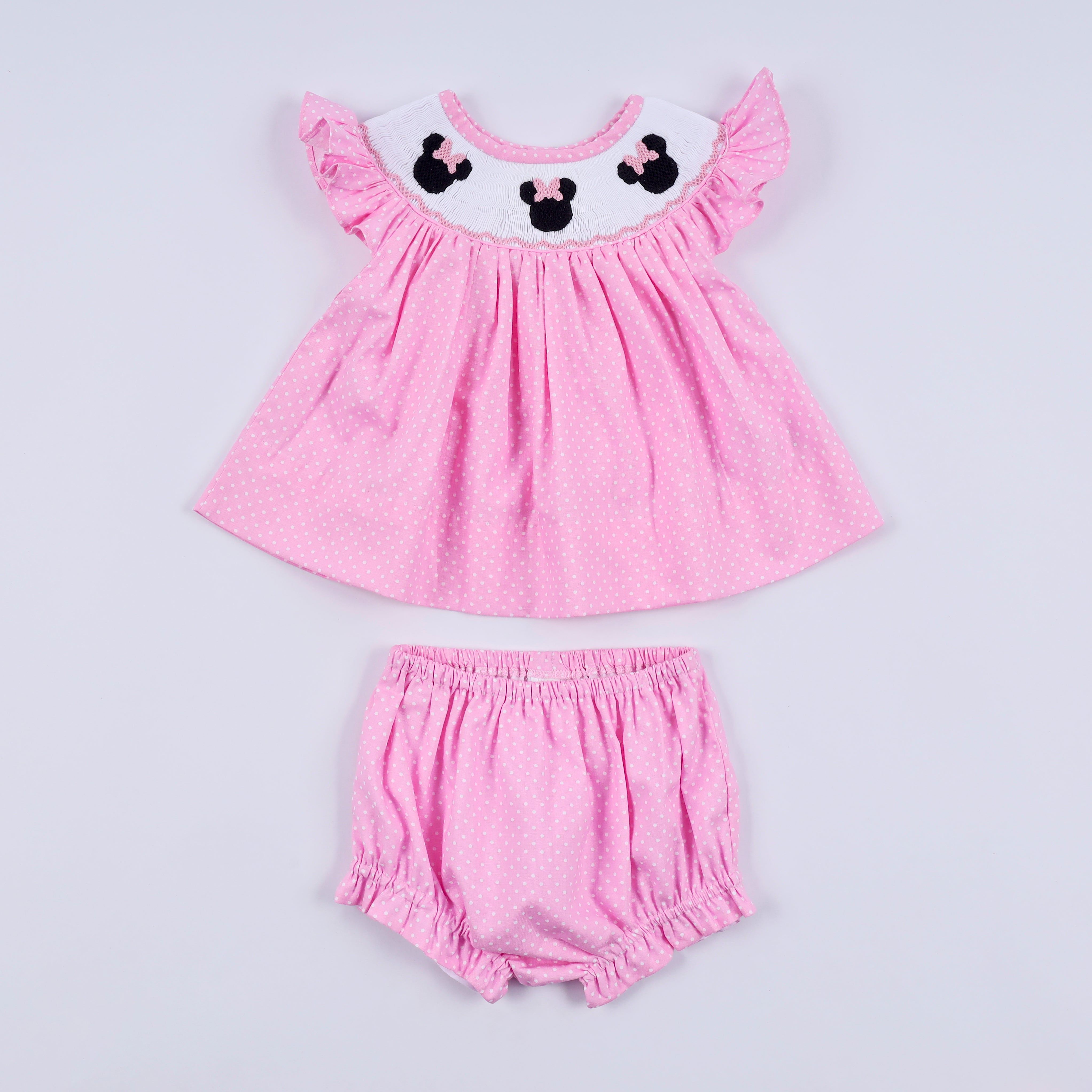 Pink Character Hand Smocked Dot Ruffle Bloomer Set