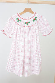 Pink Christmas Bishop Hand Smocked Dot Dress