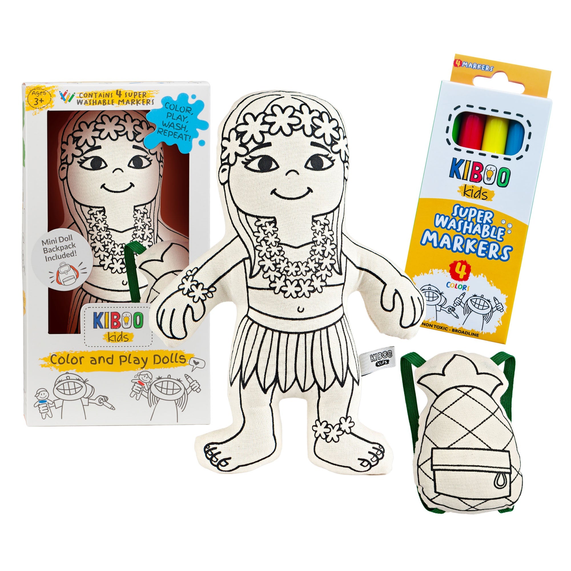 Kiboo Kids: Hula Girl With Mini Pineapple Backpack - Colorable And Washable Doll For Creative Play