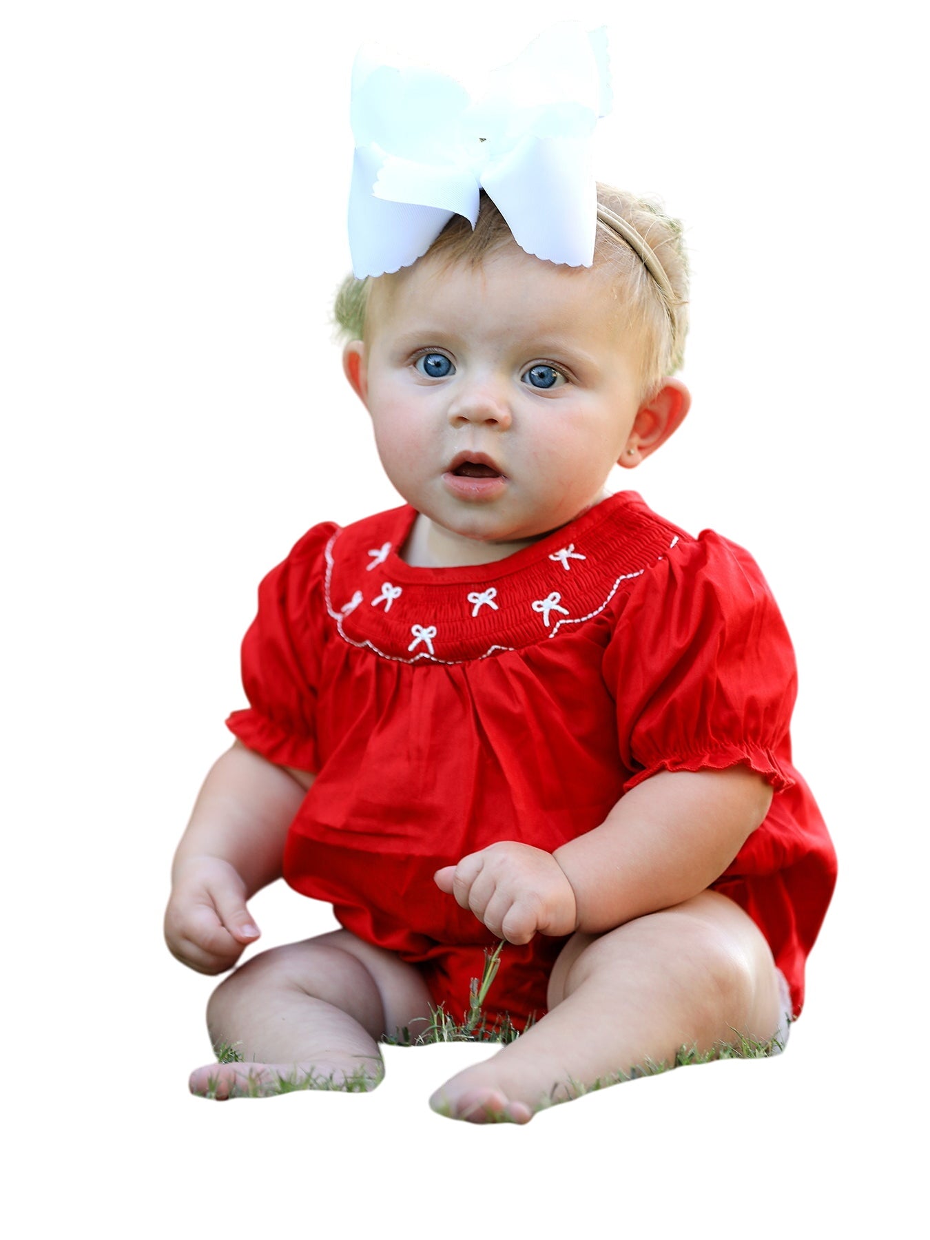 Girls Bow Smocking Embroidered Red Romper