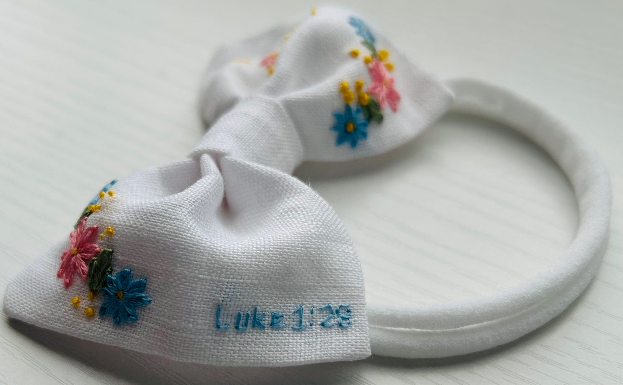 Hand-embroidered Baby Bow - White