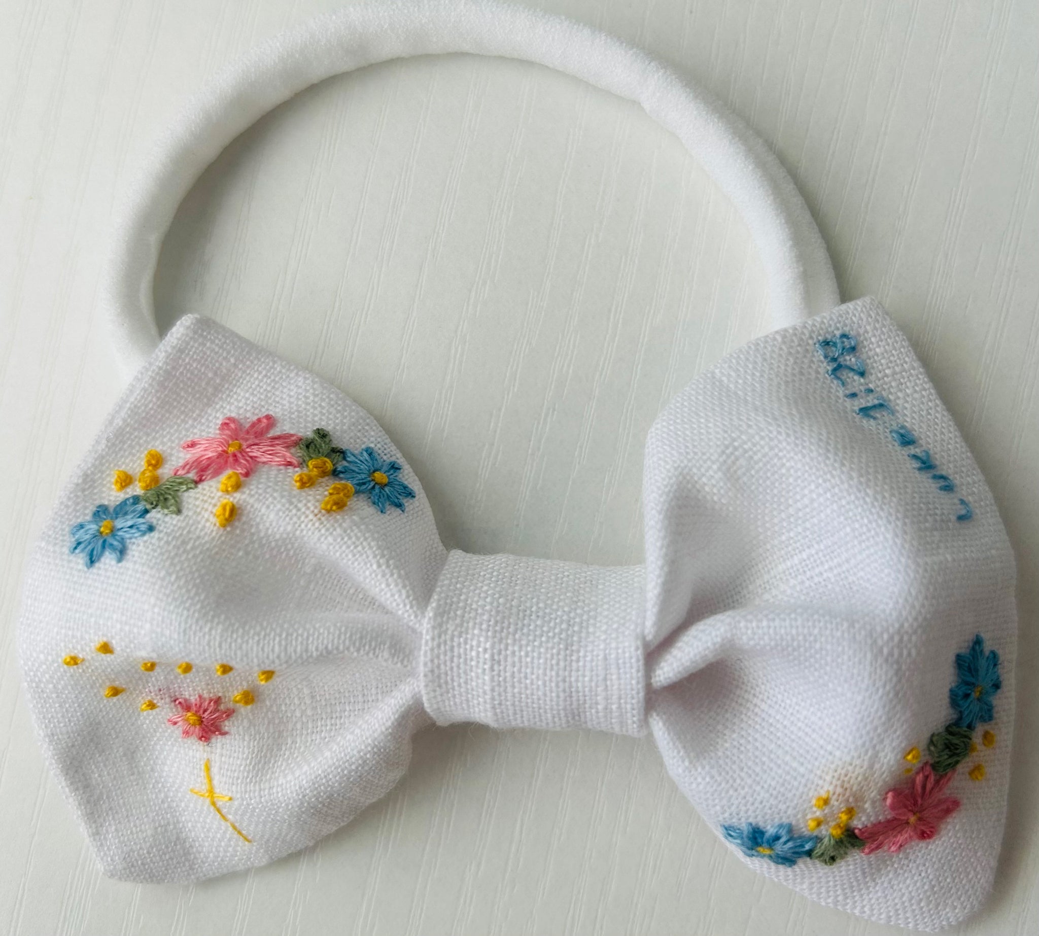 Hand-embroidered Baby Bow - White