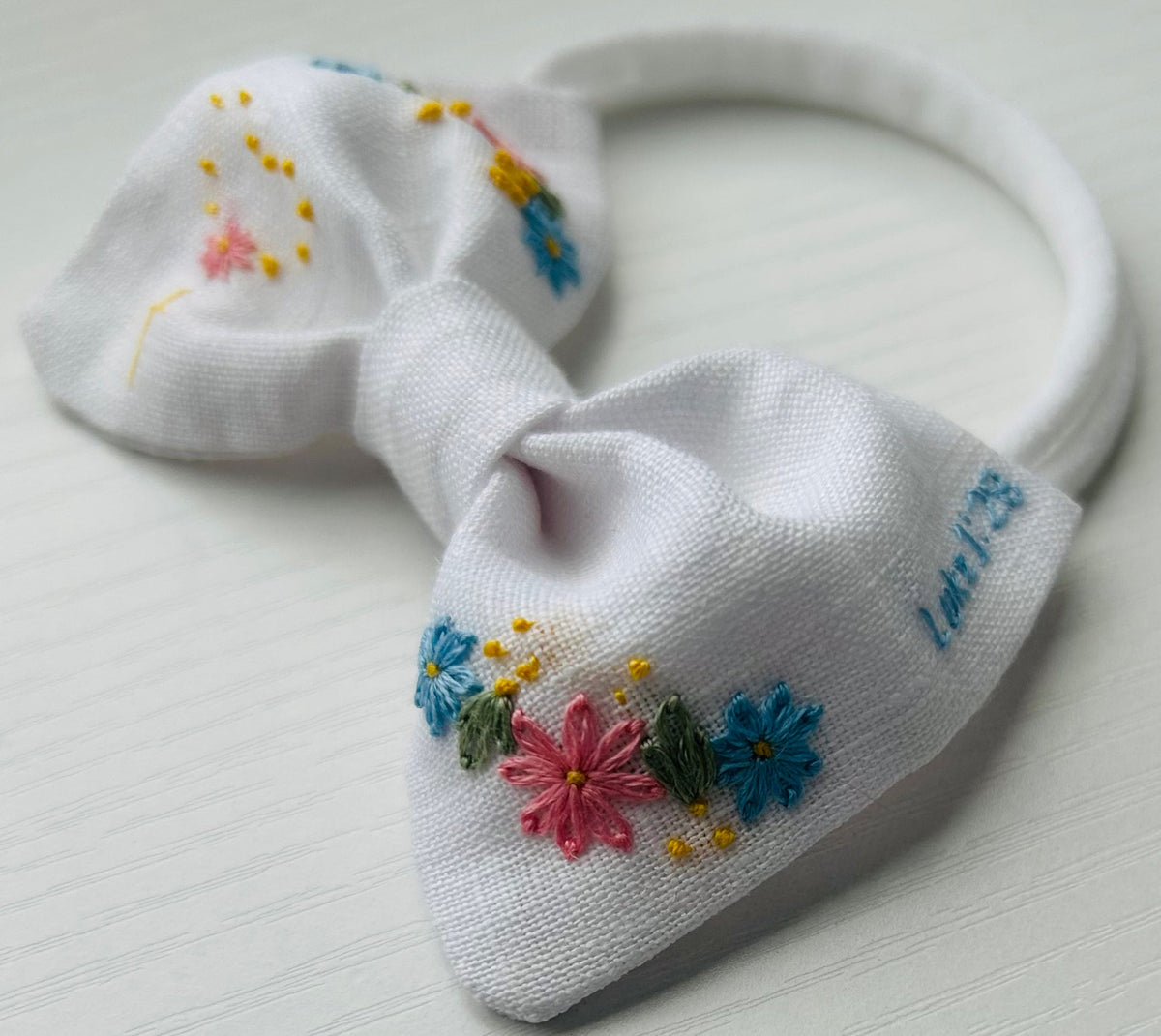 Hand-embroidered Baby Bow - White