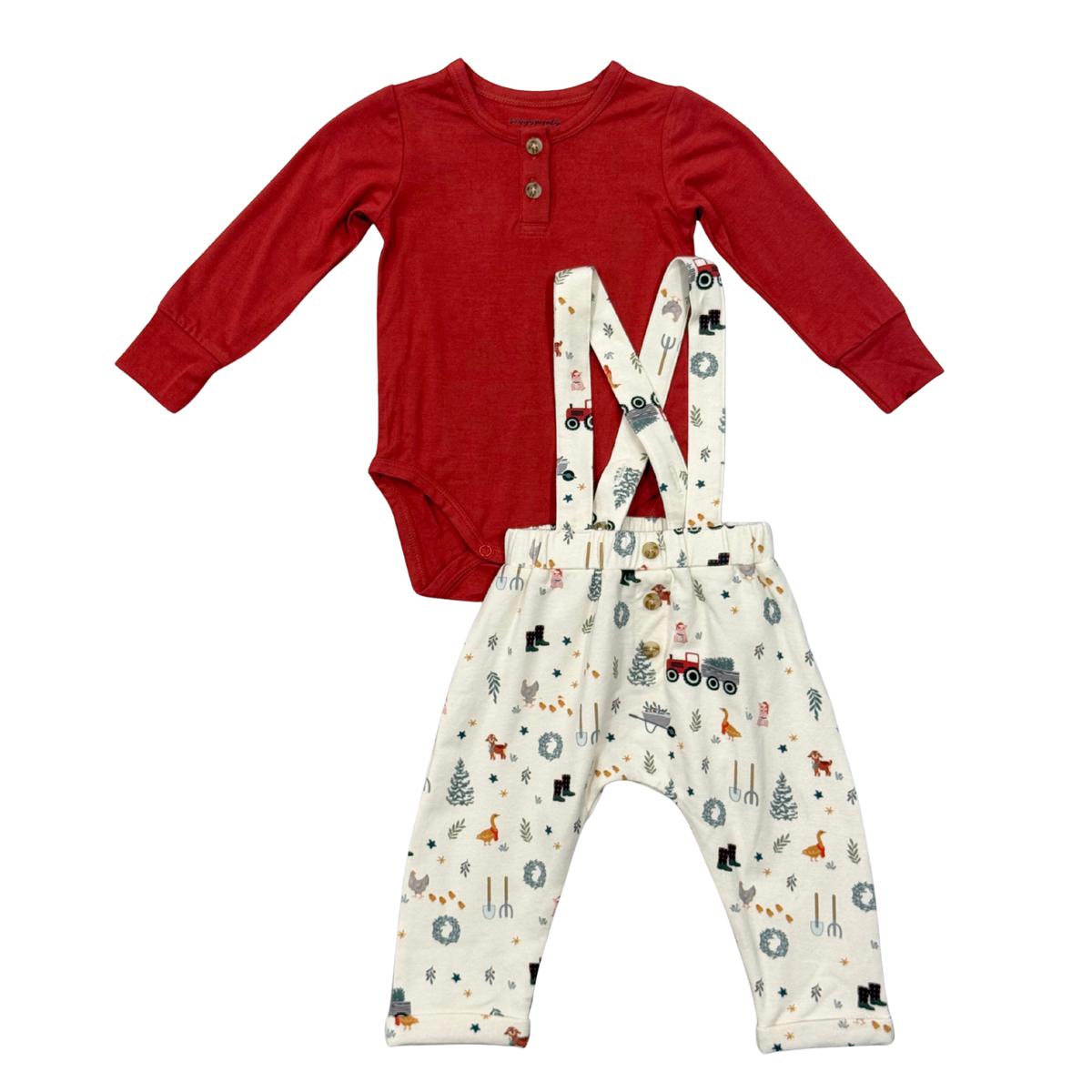 Baby Boy Henley Bodysuit & Suspenders Set In Christmas Farm