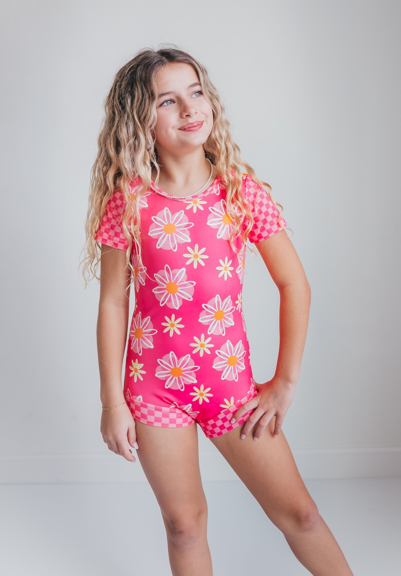 Hot Pink Daisy Check Shortie Leotard