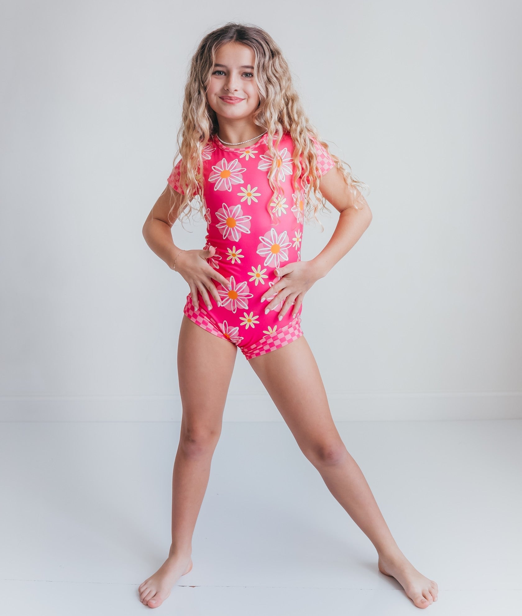 Hot Pink Daisy Check Shortie Leotard