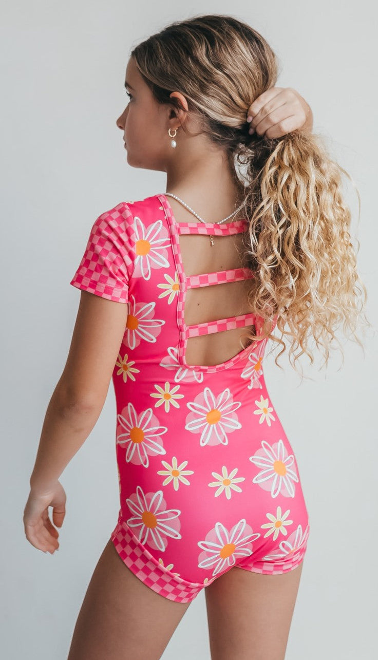 Hot Pink Daisy Check Shortie Leotard