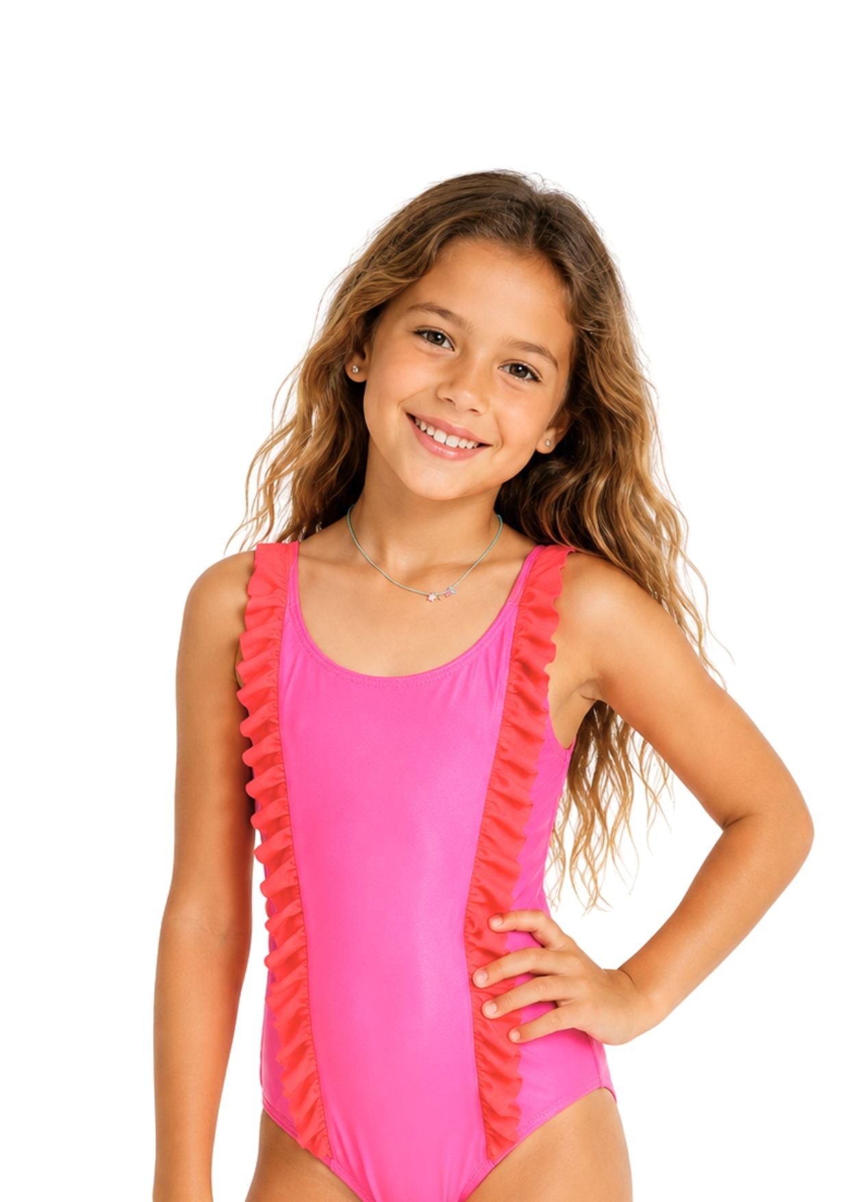 Neon Pink & Red Ruffle Swimsuit