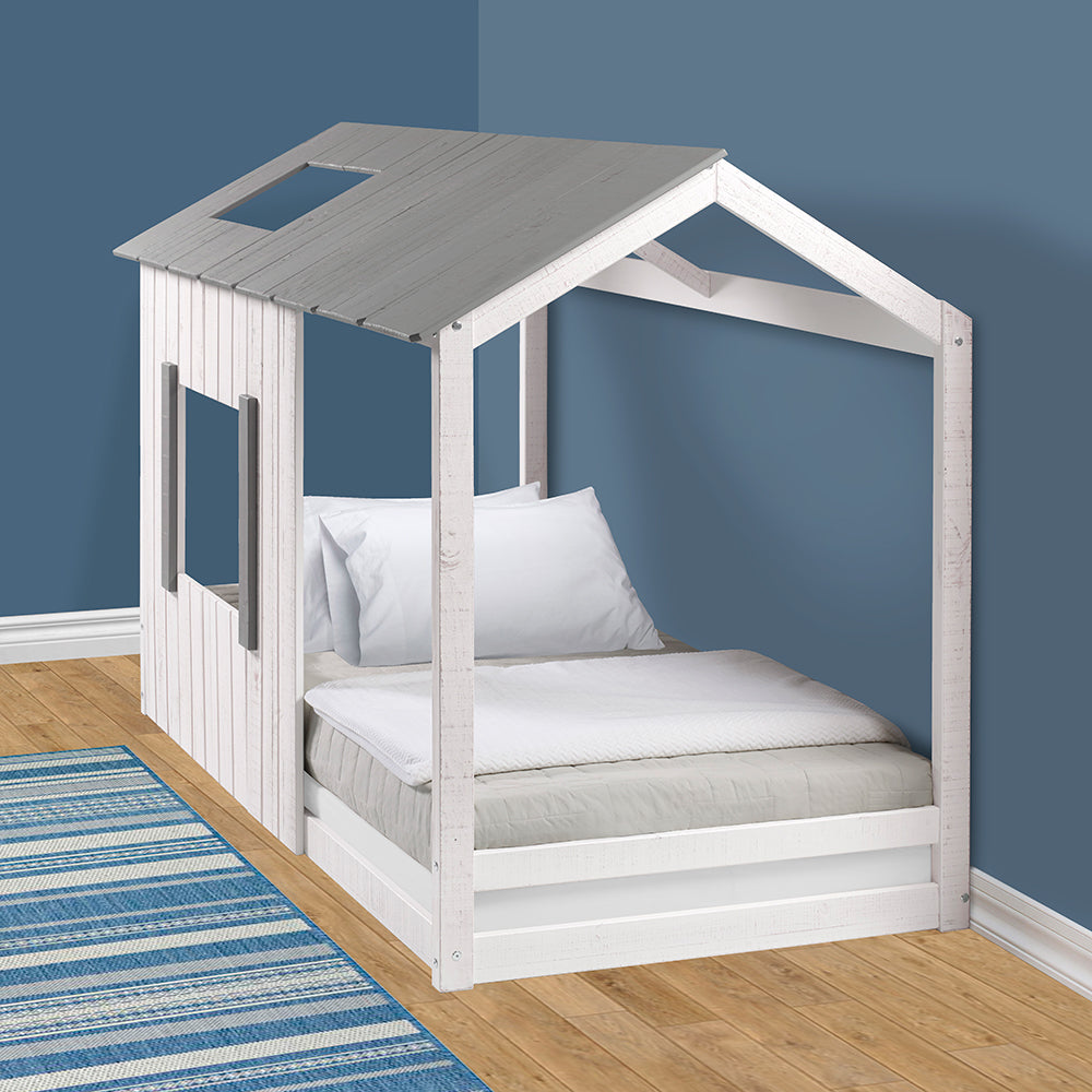 P'kolino Kid's House Twin Floor Bed - White Wall & Frame with Grey Roof