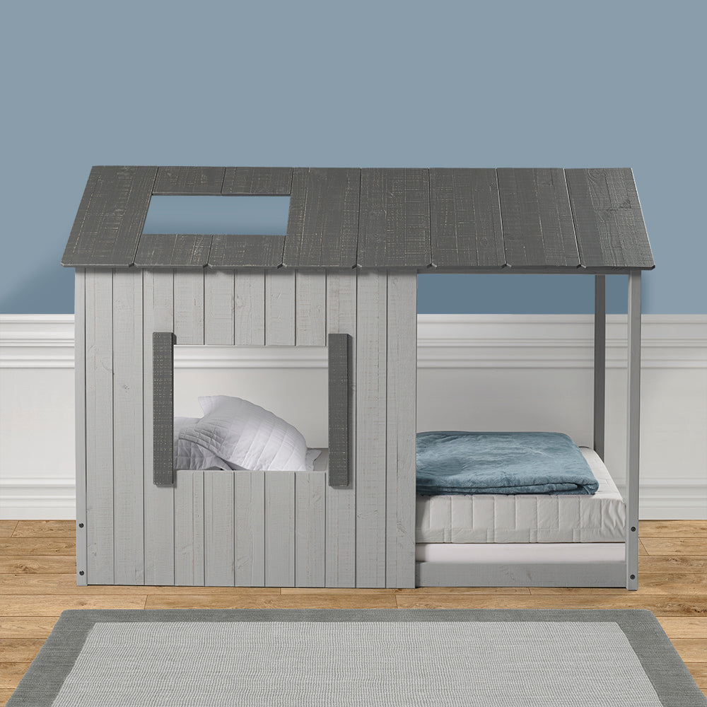 P'kolino Kid's House Twin Floor Bed - Dark Grey Roof with Light Grey Walls