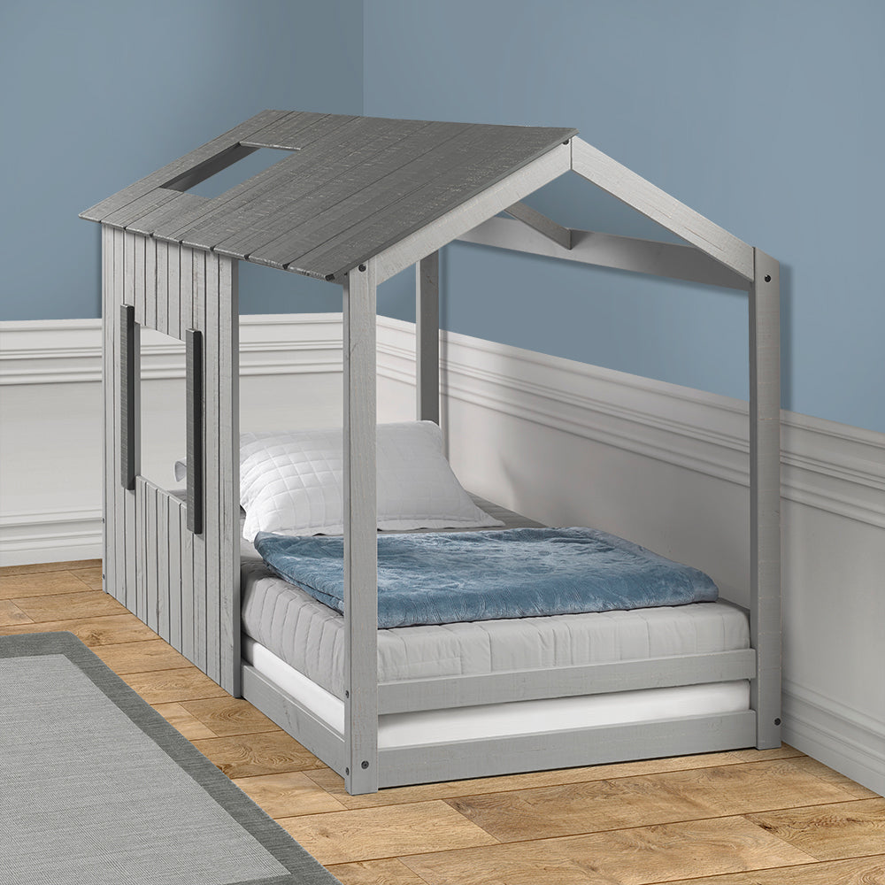 P'kolino Kid's House Twin Floor Bed - Dark Grey Roof with Light Grey Walls