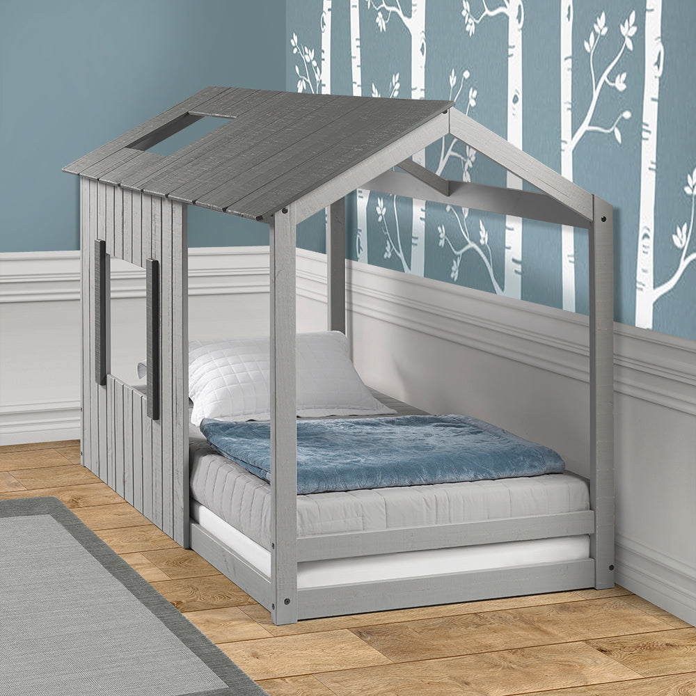 P'kolino Kid's House Twin Floor Bed - Dark Grey Roof with Light Grey Walls