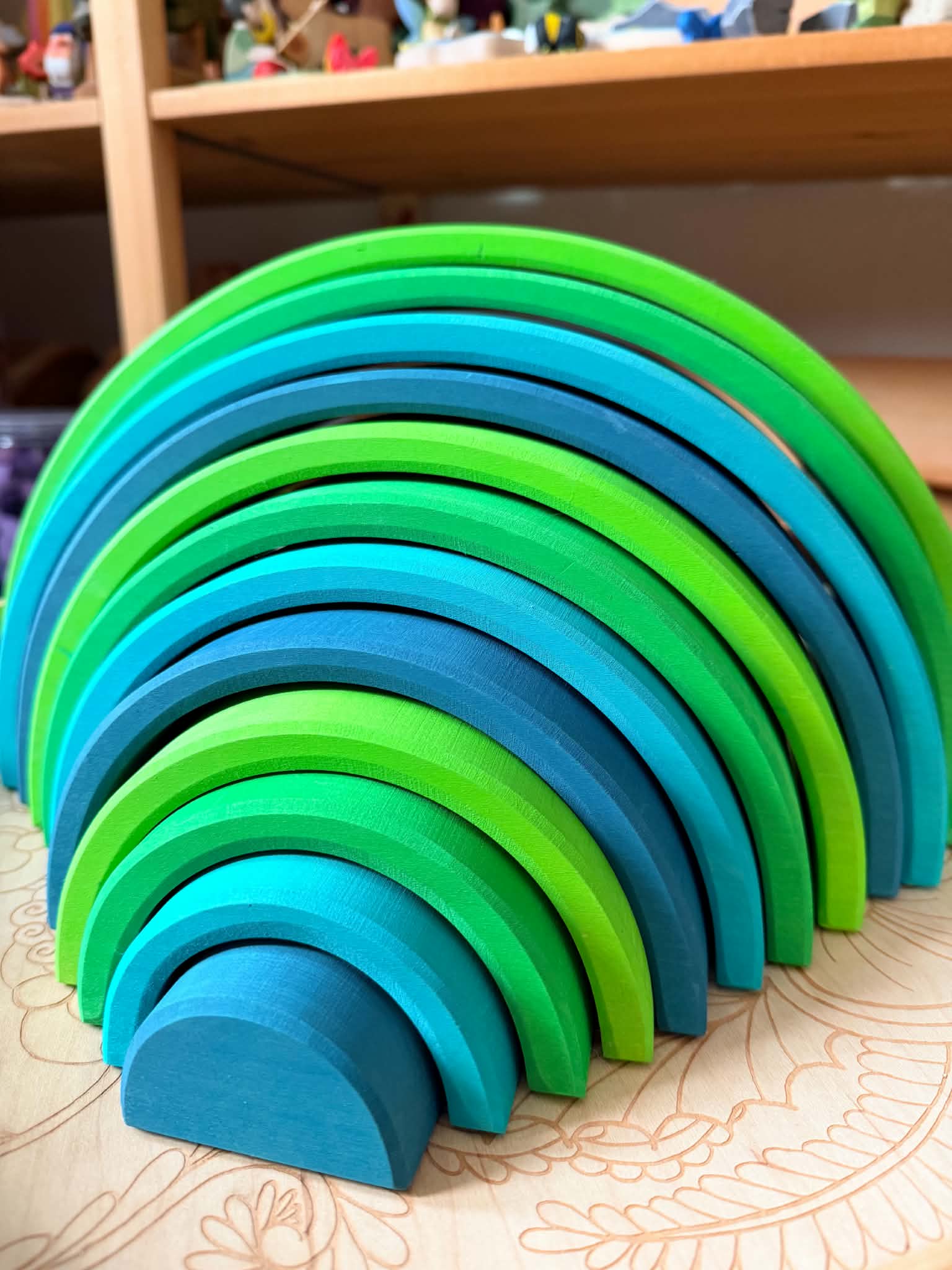 12 Pcs Stained Large Basswood Rainbow Stacking Blocks Meadow Green