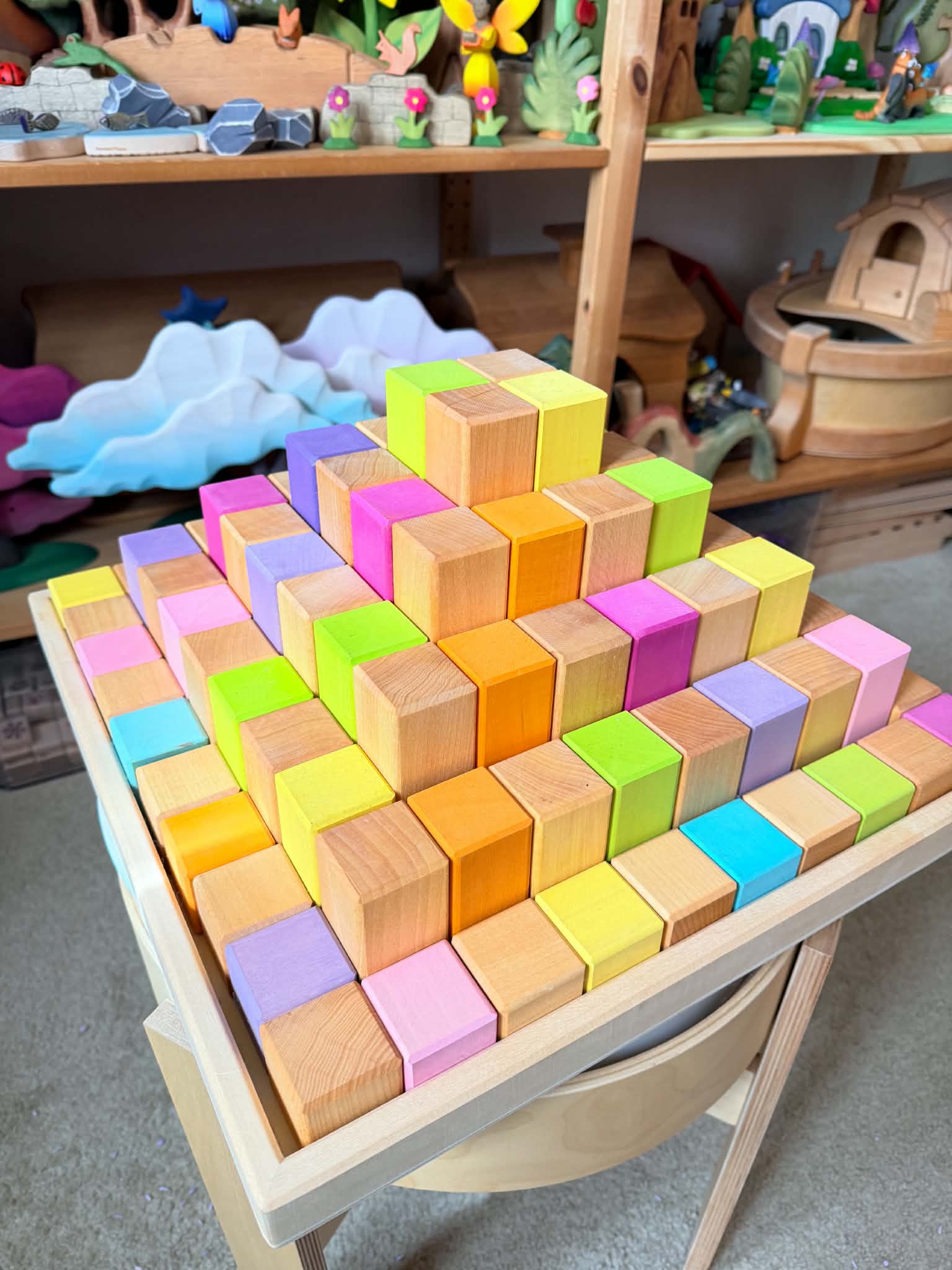 100 Pcs Large Natural Stepped Pyramid Wooden Stacking Building Blocks