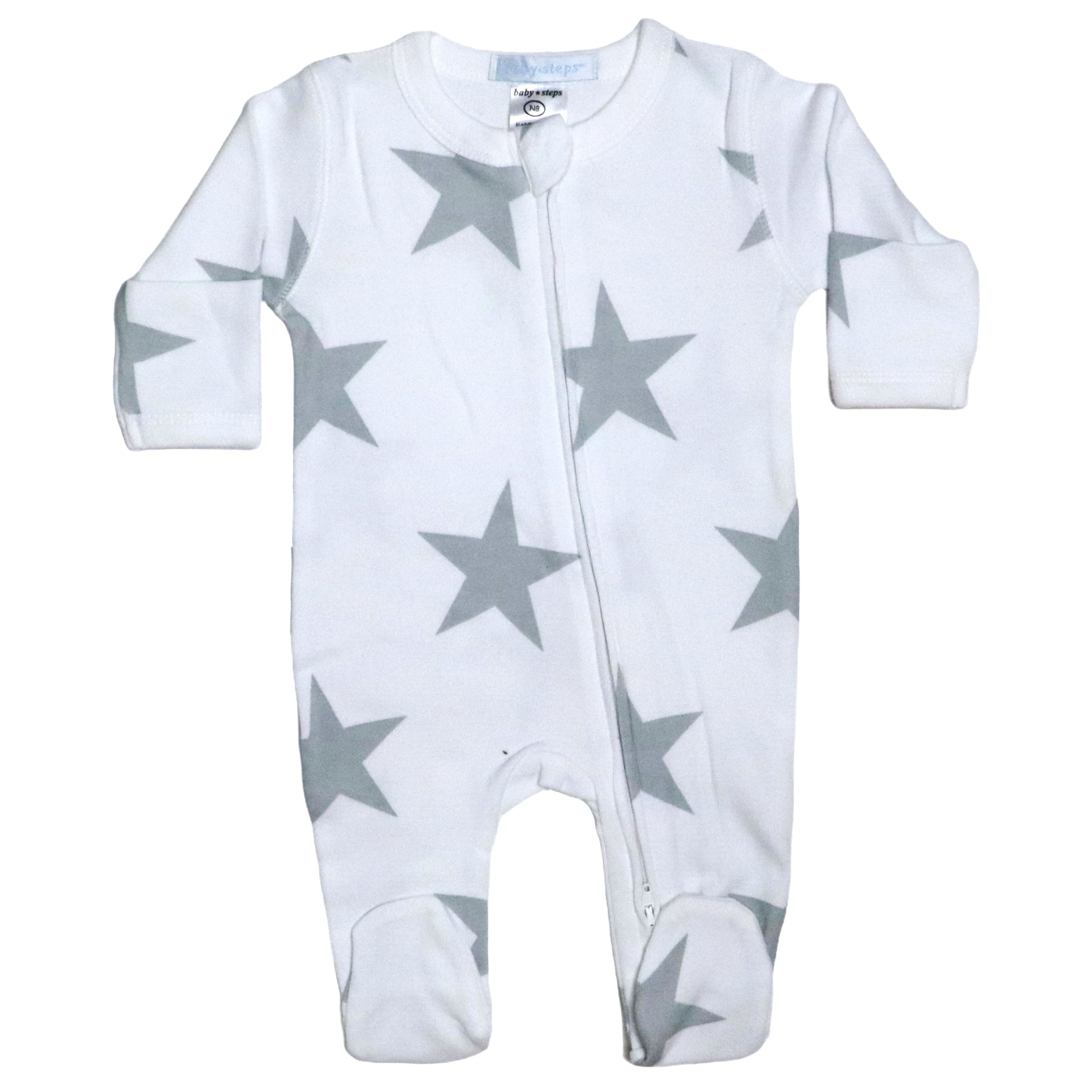 Baby Zipper Footie - Large Grey Stars