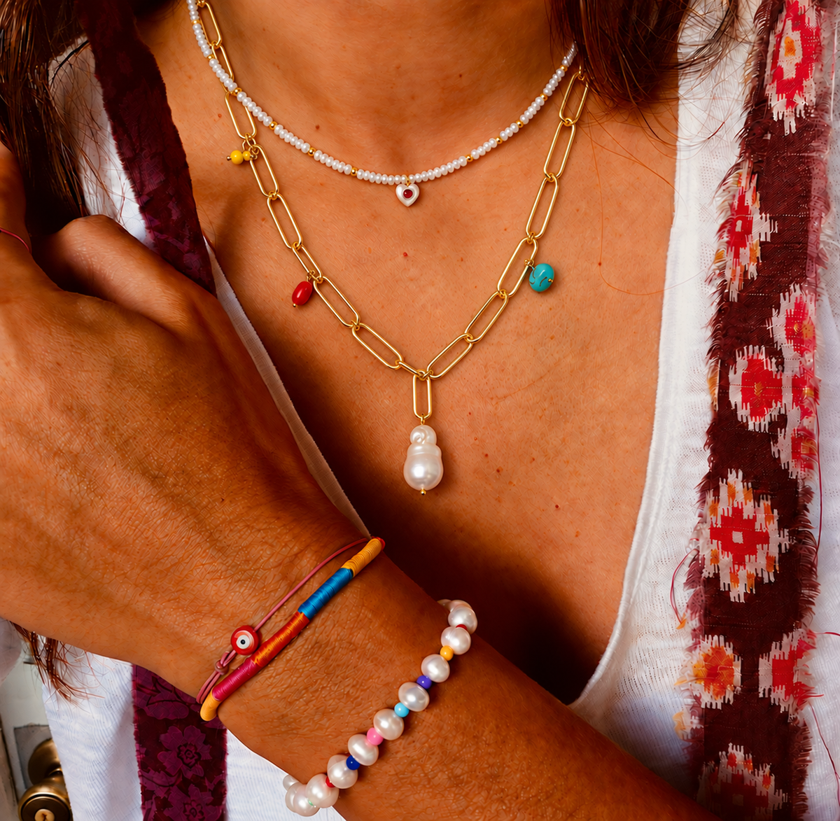 Gold Link Pearl Necklace