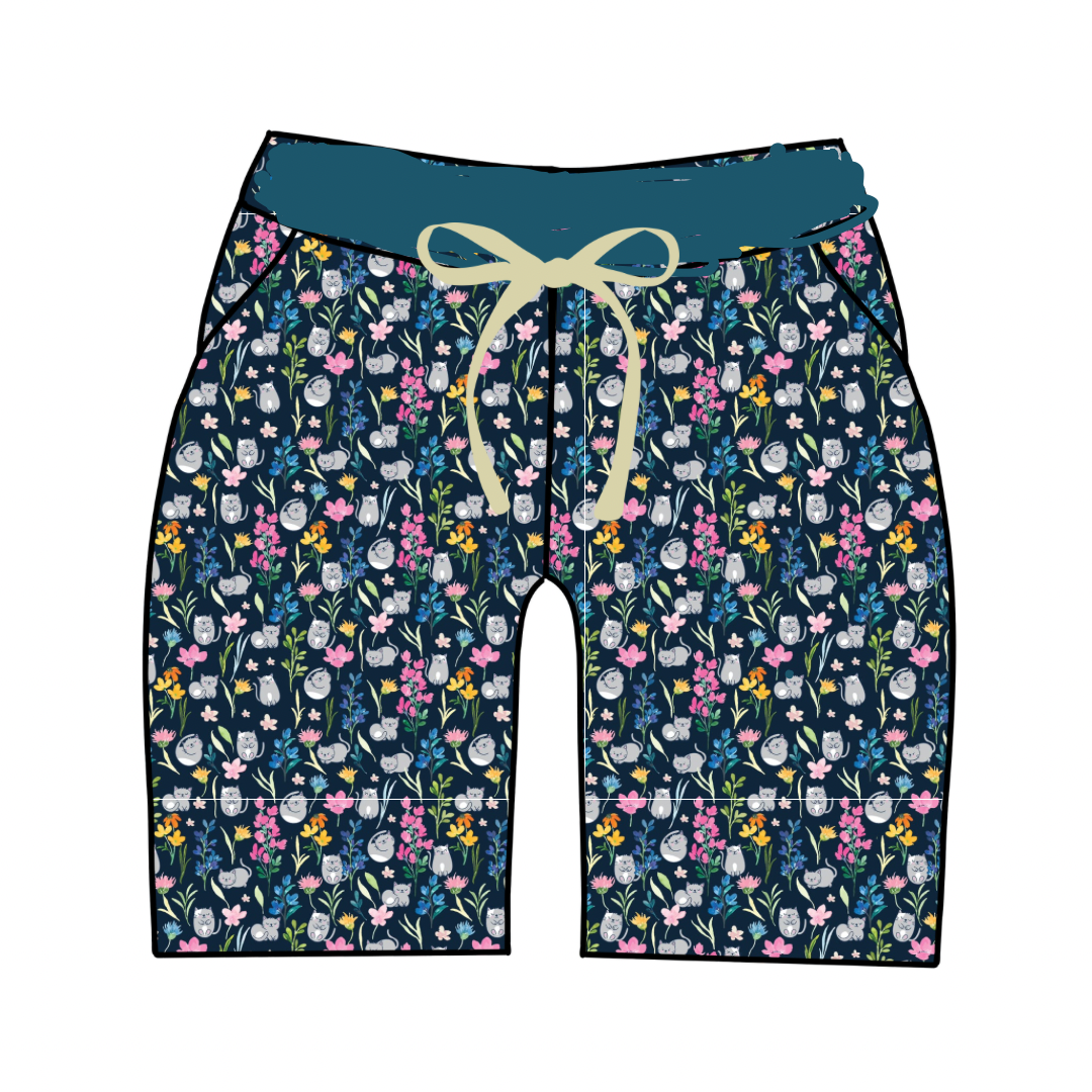 Clawed Meownet Floral Cats Adult Bamboo Pajama Shorts