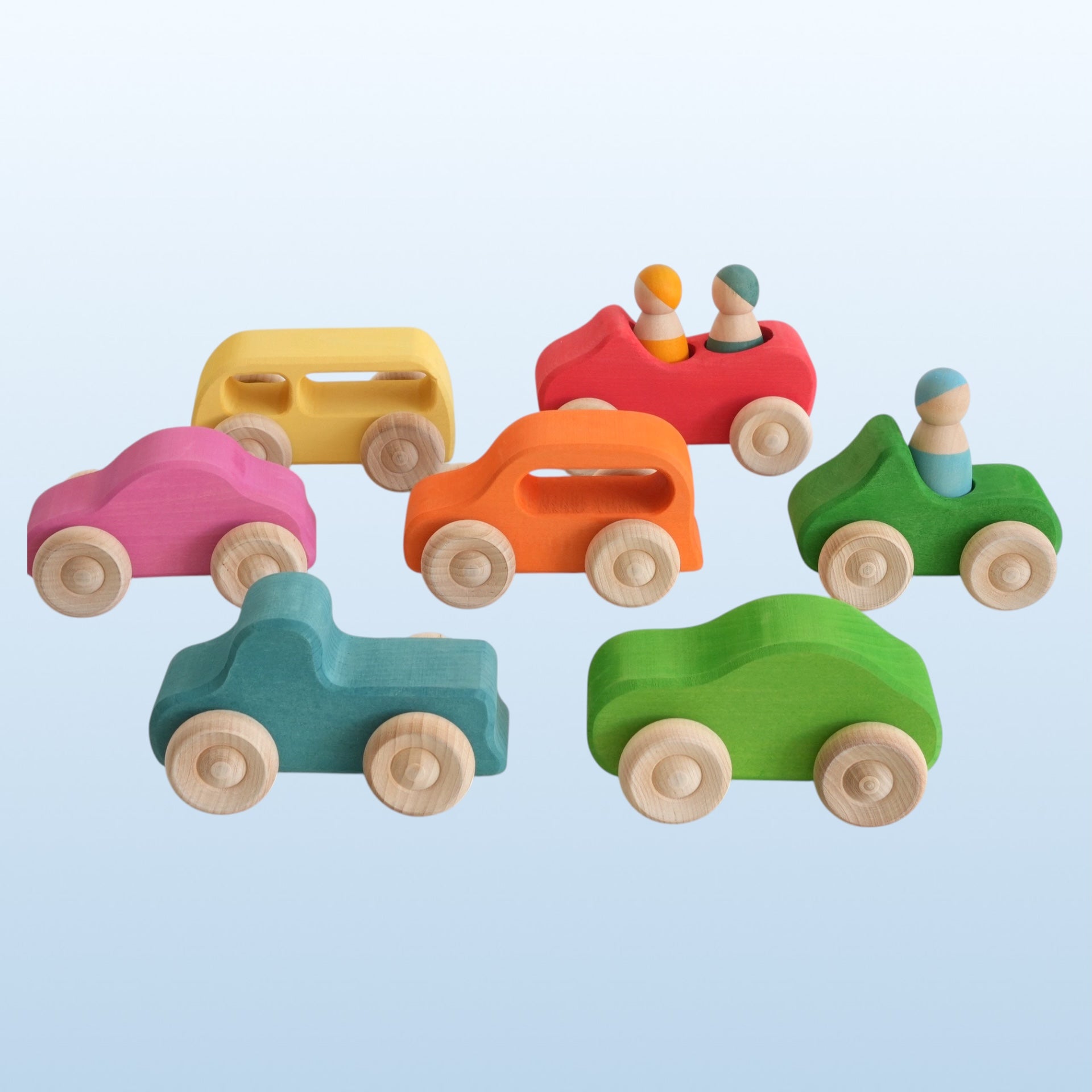 7 Pcs Colored Wooden Rainbow Cars Set With 3 Pcs Peg Dolls