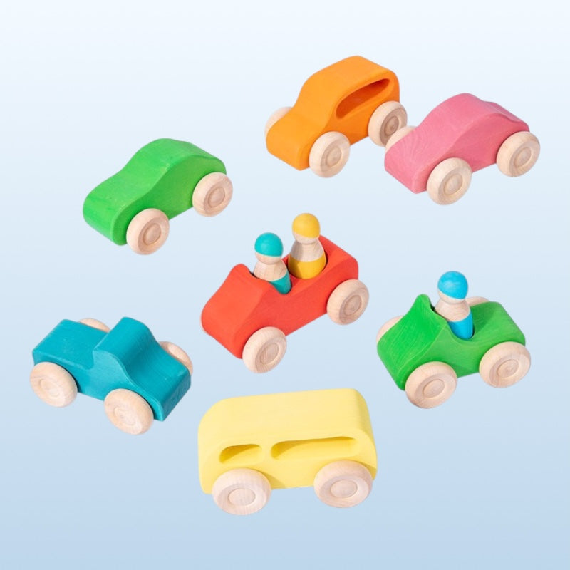 7 Pcs Colored Wooden Rainbow Cars Set With 3 Pcs Peg Dolls