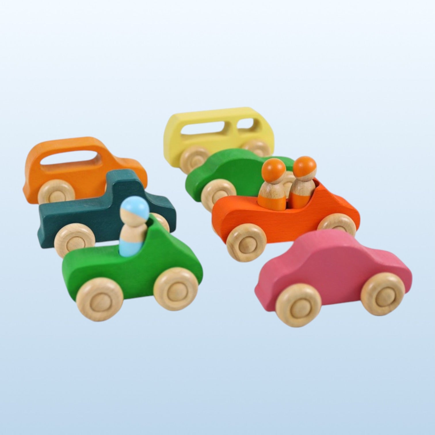 7 Pcs Colored Wooden Rainbow Cars Set With 3 Pcs Peg Dolls