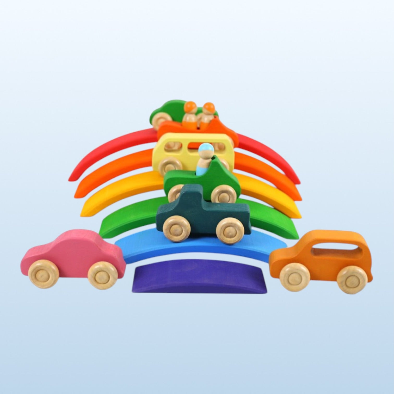 7 Pcs Colored Wooden Rainbow Cars Set With 3 Pcs Peg Dolls