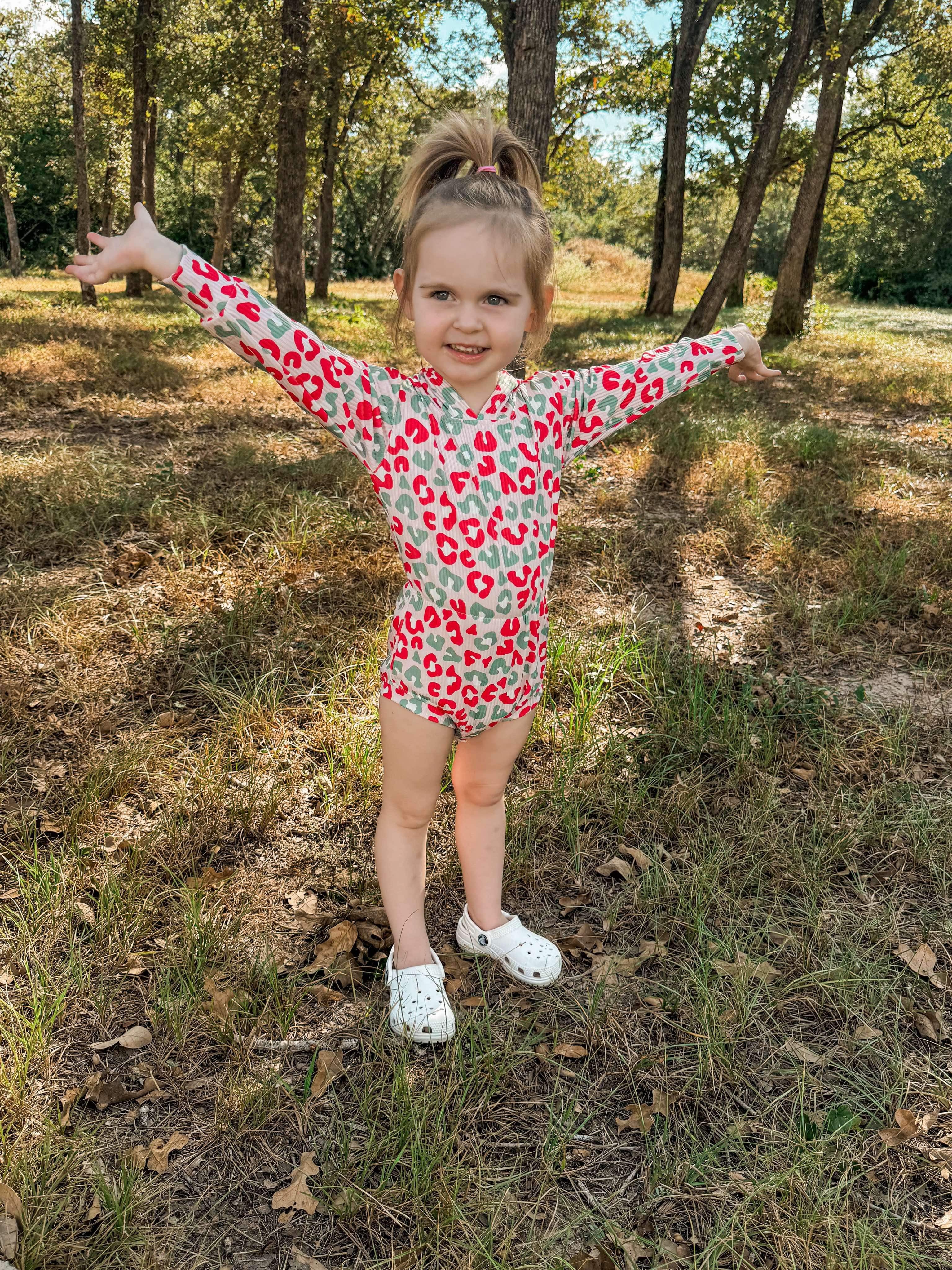 Christmas Leopard Ribbed Hooded Romper