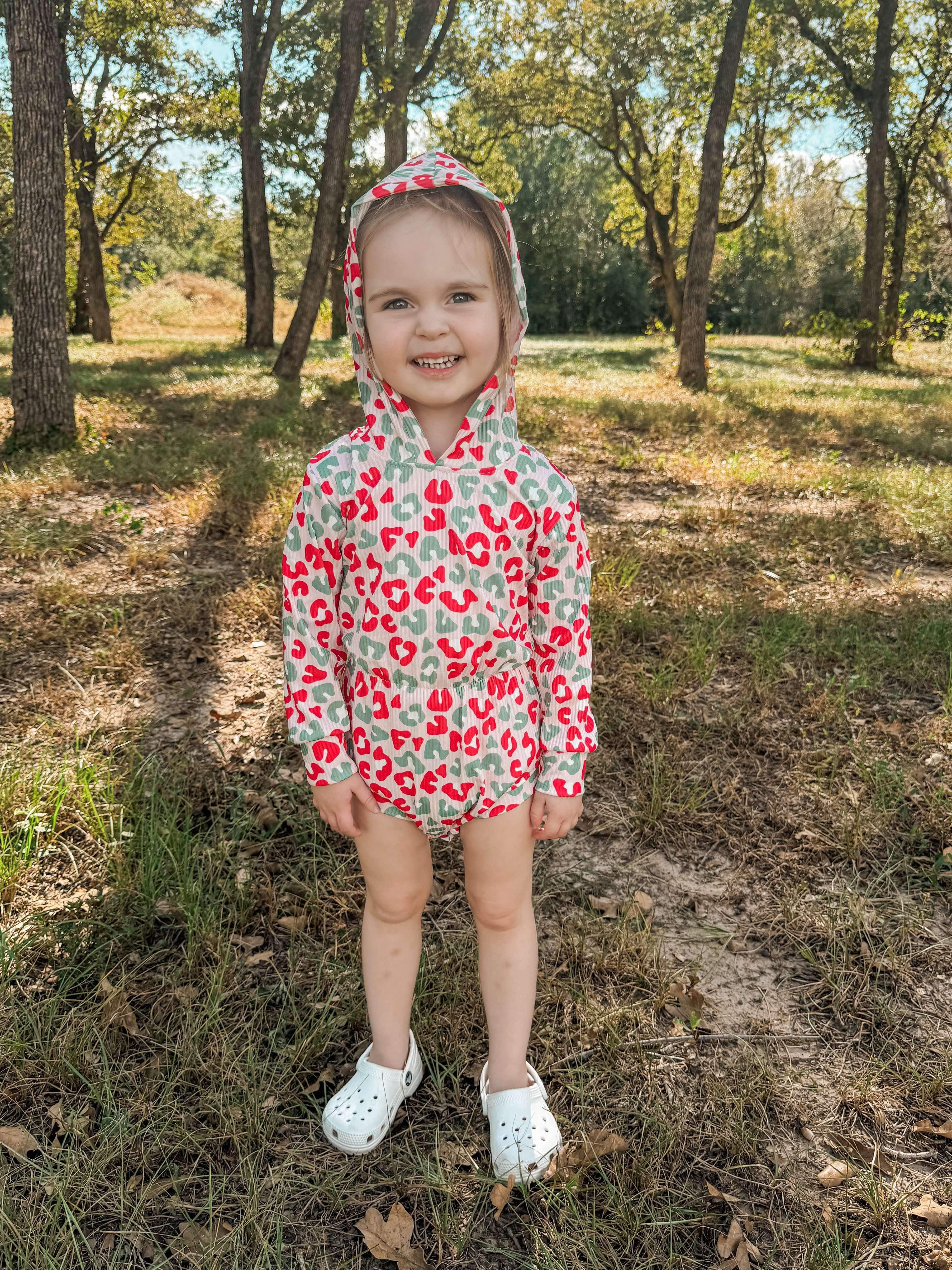 Christmas Leopard Ribbed Hooded Romper