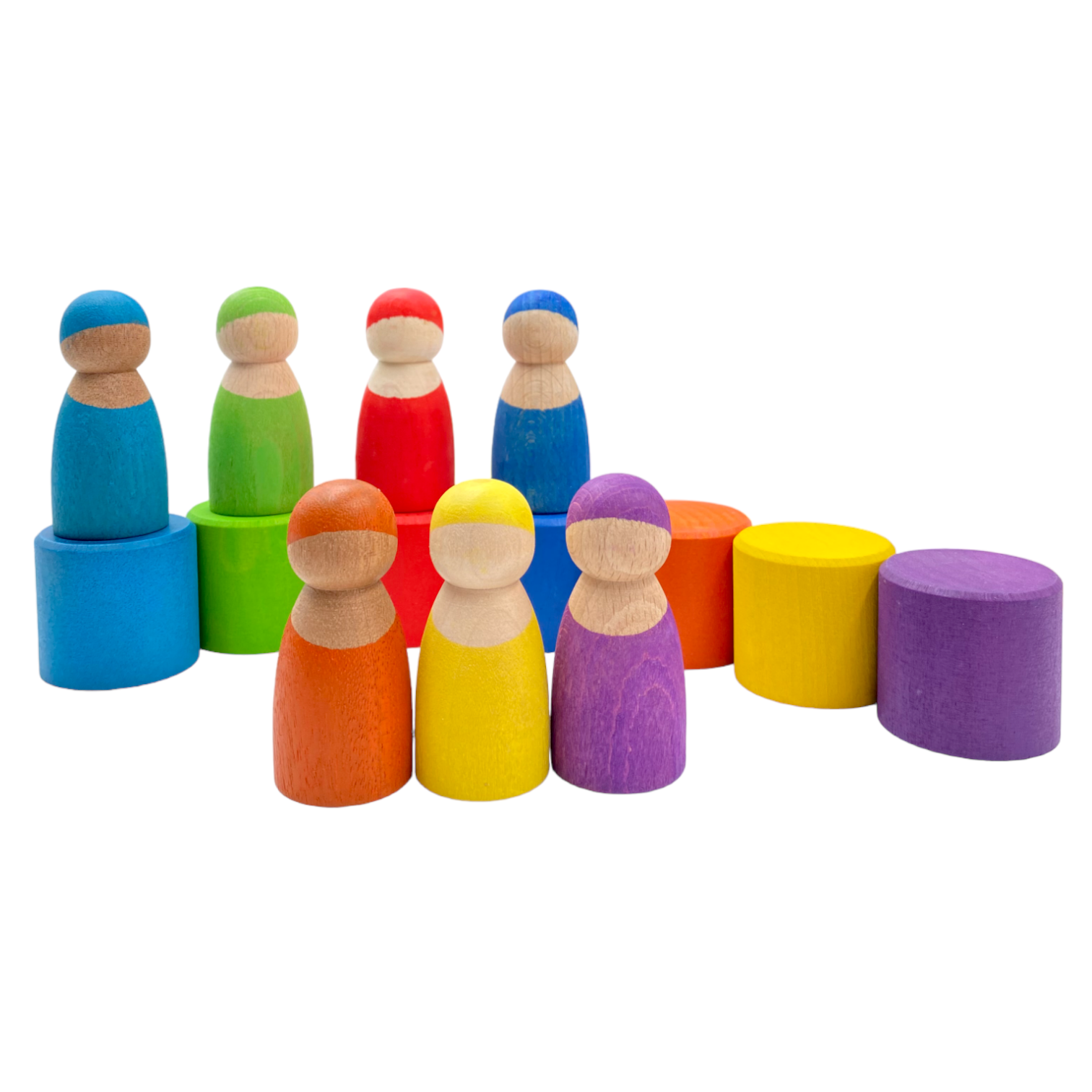 7 Different Skin Stones Stained Rainbow Wooden Peg Dolls In Bowls