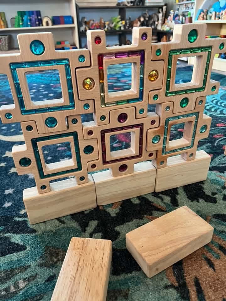 wooden Gemlight Window Blocks – 16-piece Colorful Open-ended Play Set With Storage Box