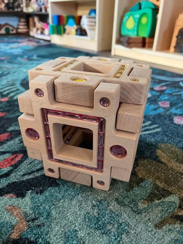 wooden Gemlight Window Blocks – 16-piece Colorful Open-ended Play Set With Storage Box