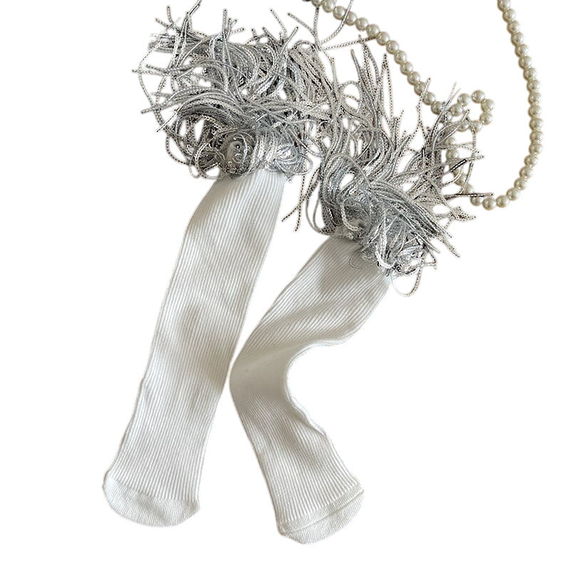 Sequin Tassle Socks- White