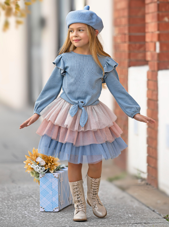 Blue Ruffle Top And Layered Tutu Skirt Set