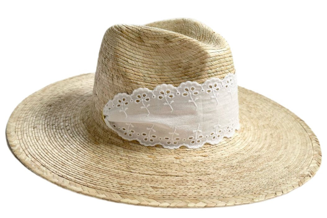 Zinnia Sun Hat - White Wide & Short Lace Eyelet Ribbon