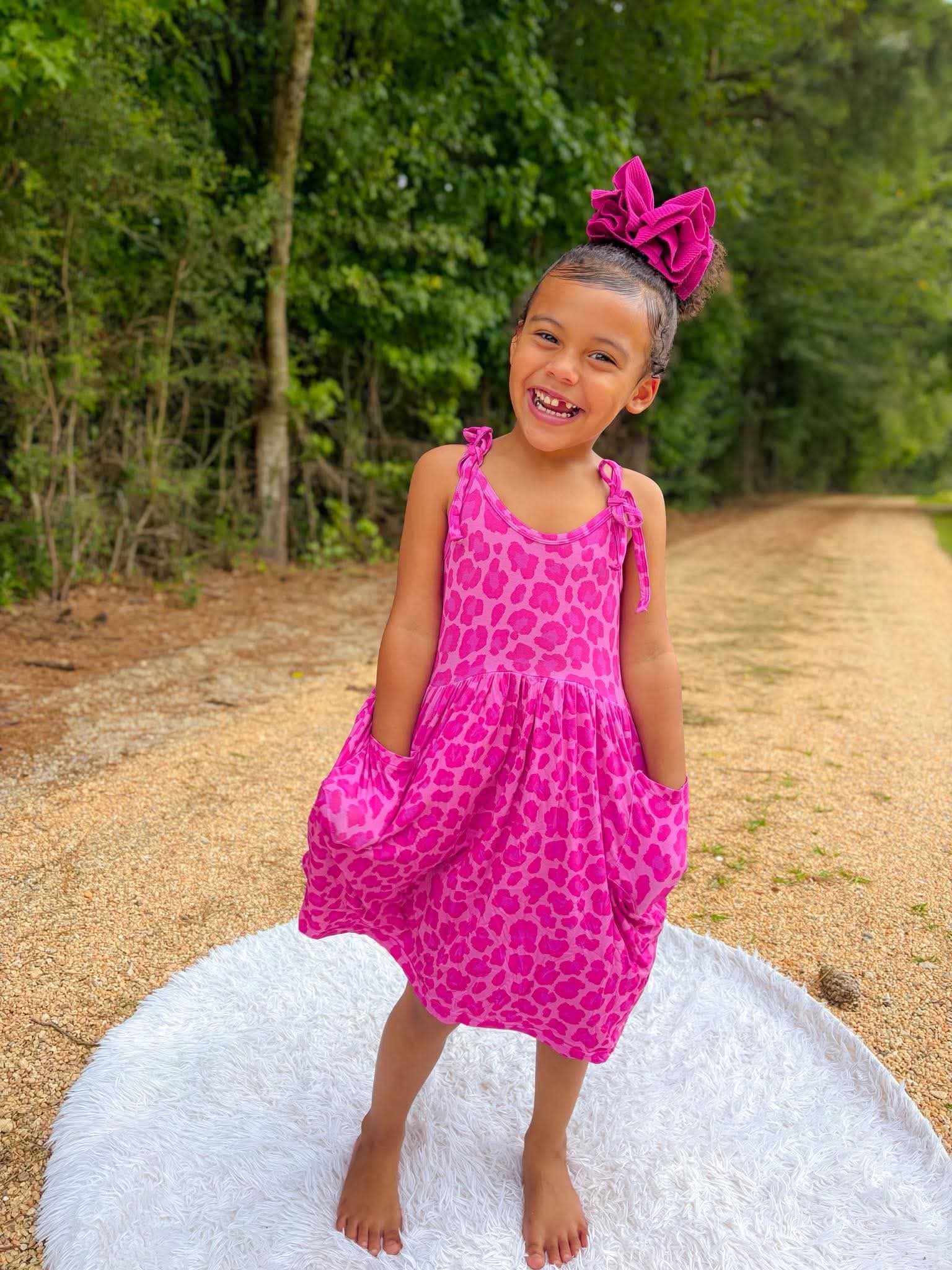 Pink Leopard Bamboo Tie Dress With Pockets