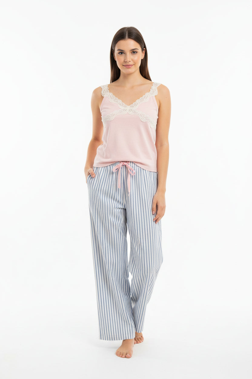 Tweenstyle By Stoopher - Blue Pinstripe Lounge Pant With Lace Trim