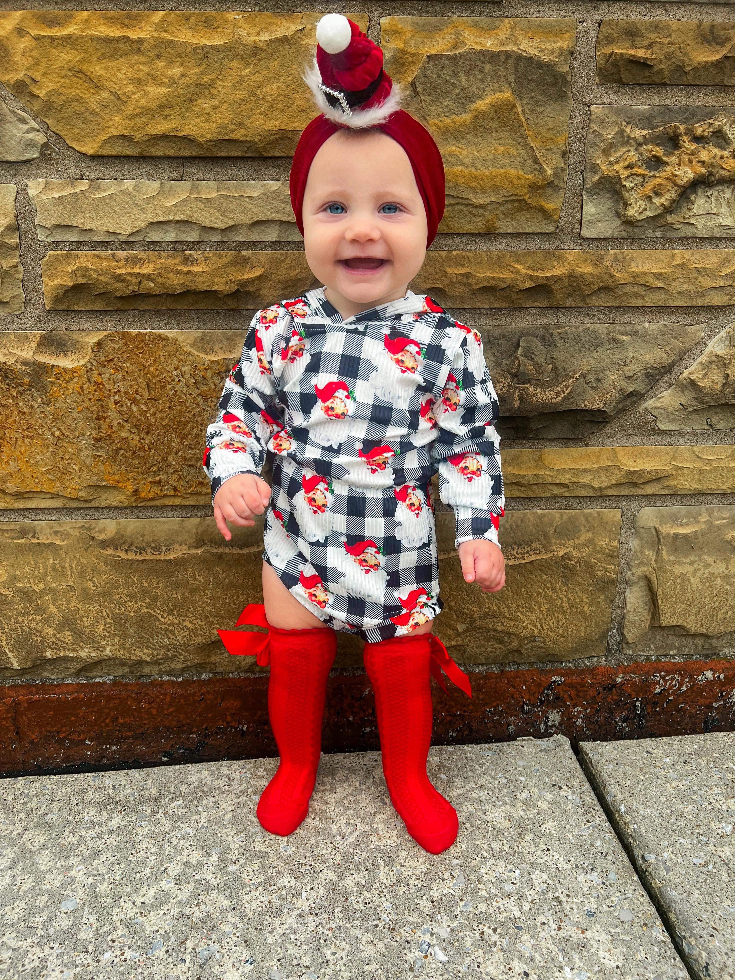 Checkered Santa Ribbed Hooded Romper