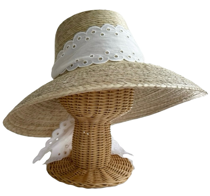 Wildflower Sun Hat - Antique Eyelet Scallop Lace Wide & Short Ribbon