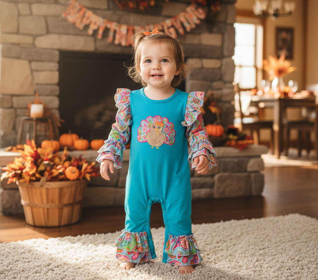 Blue Turkey Floral Romper