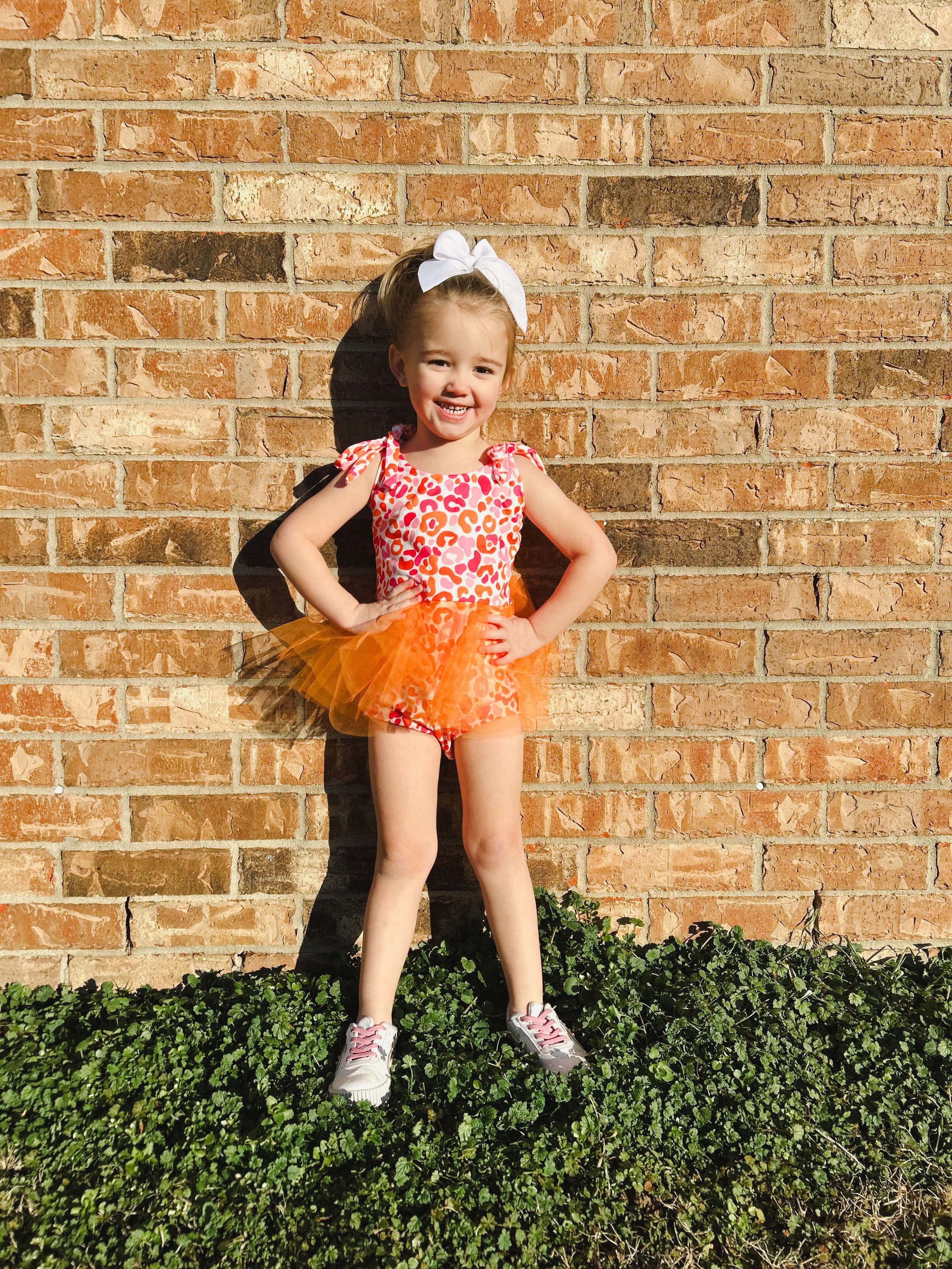 Orange And Pink Leopard Mesh Skirted Romper