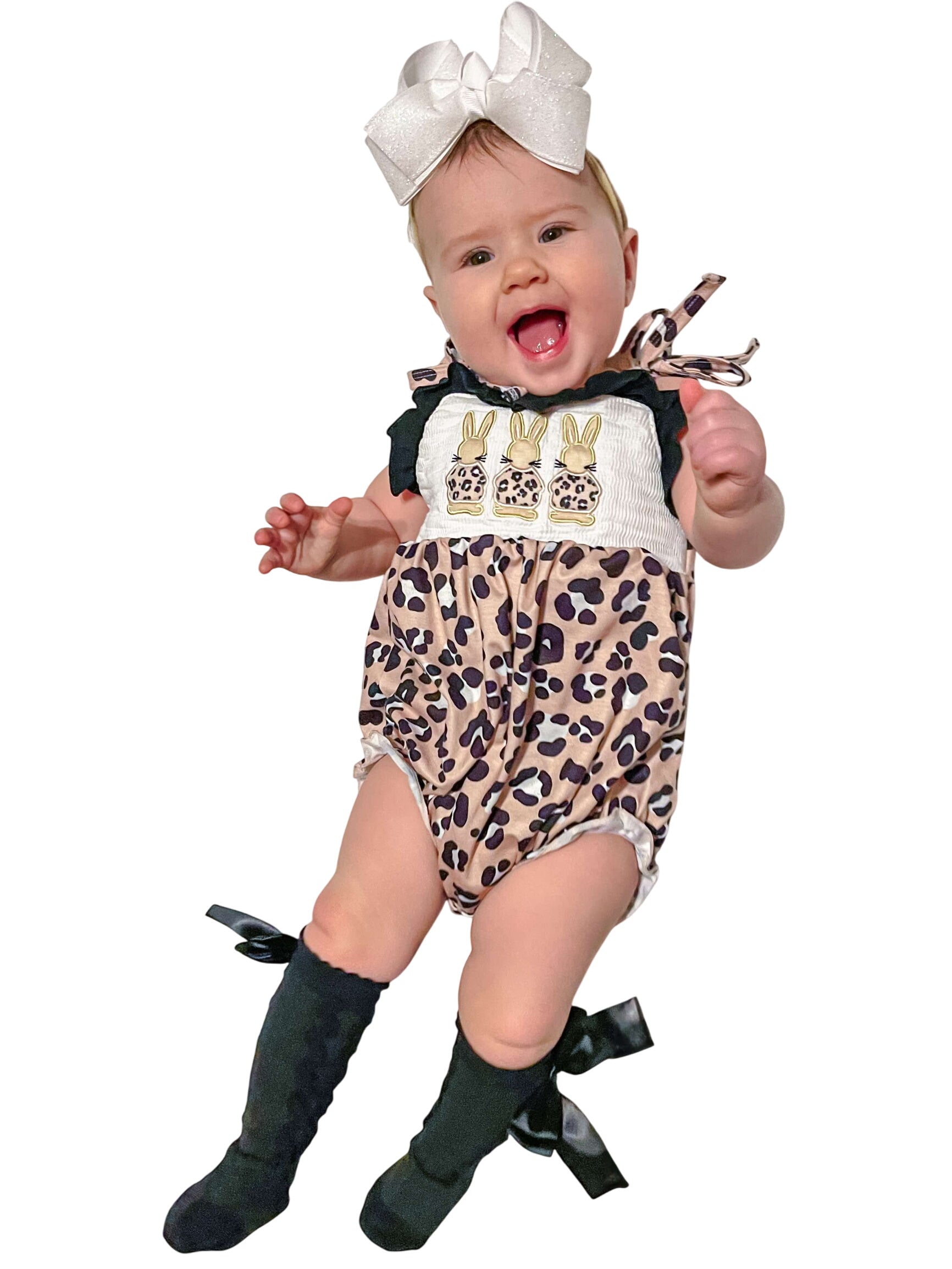 Smocked Leopard Bunny Tie Romper