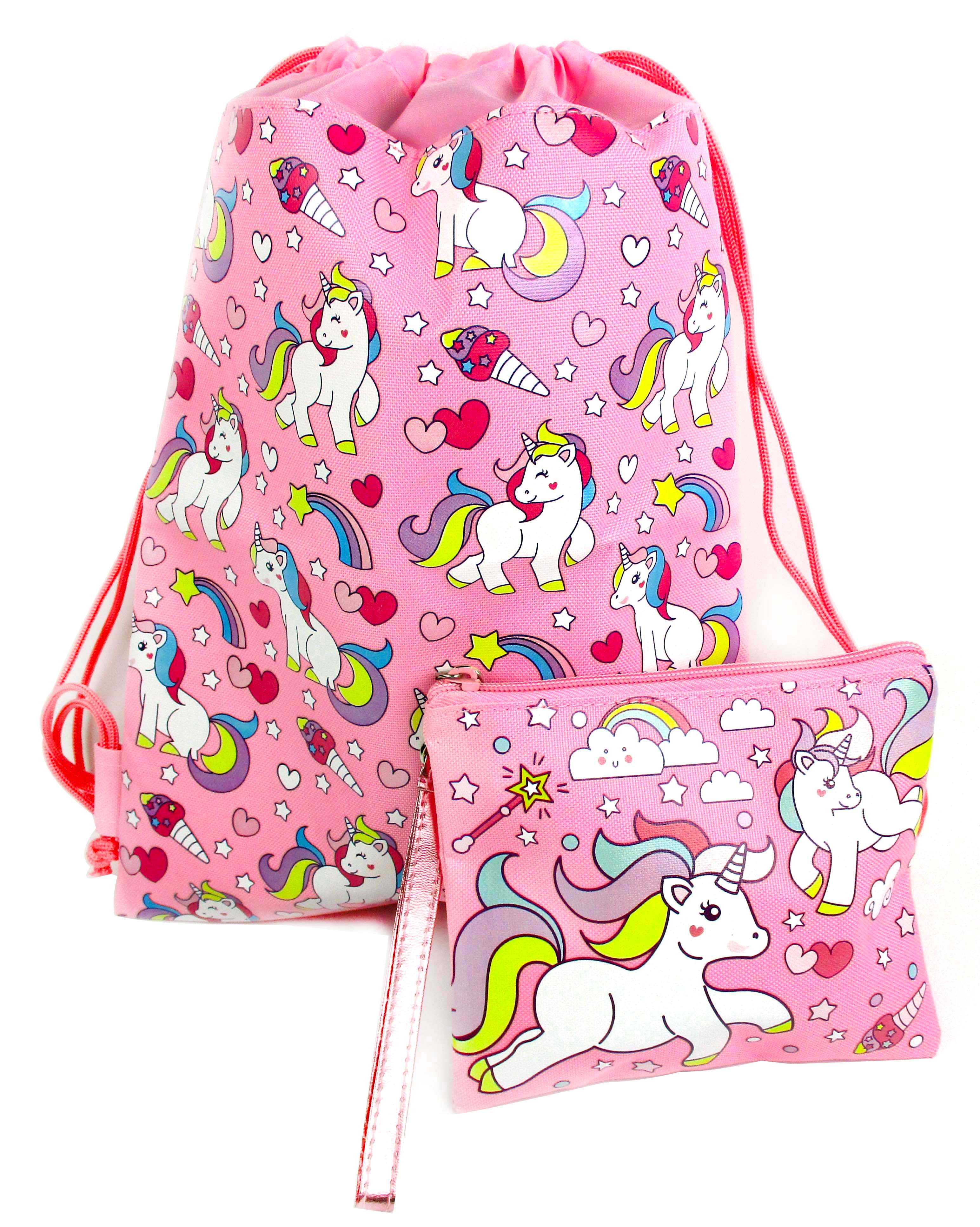 Unicorn Drawstring Backpack With Wristlet 2 Piece Set Travel Gym Cheer (pink)