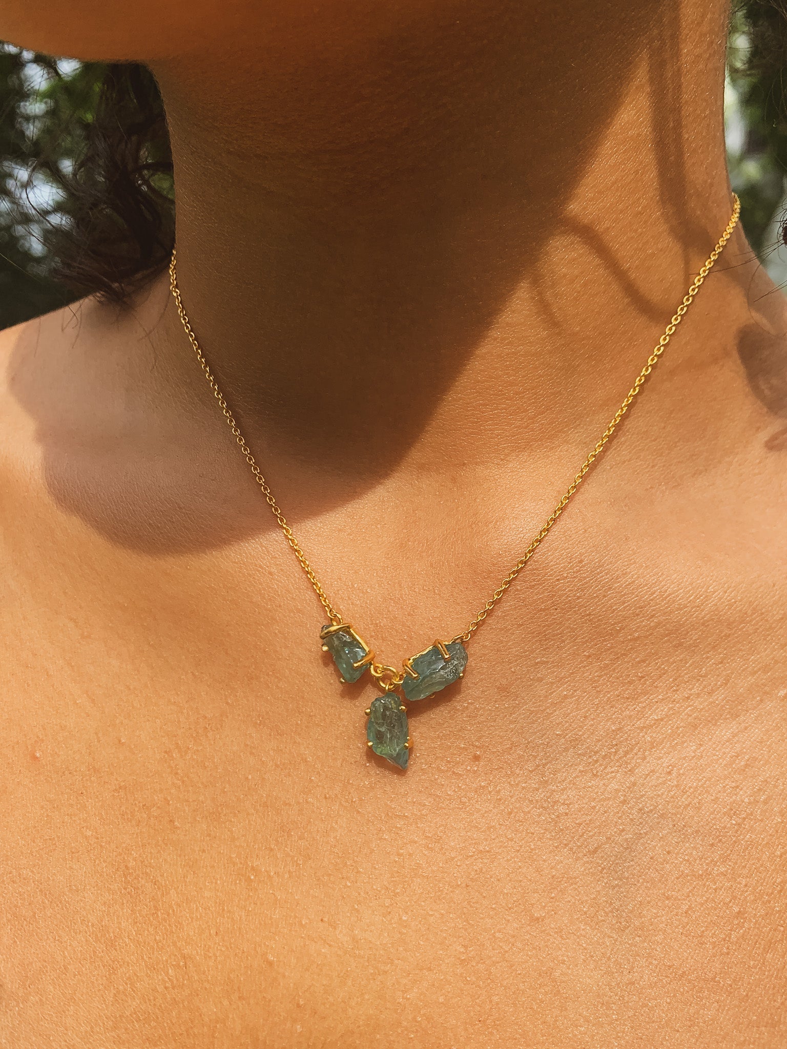 Three-pronged Raw Apatite Gold Necklace