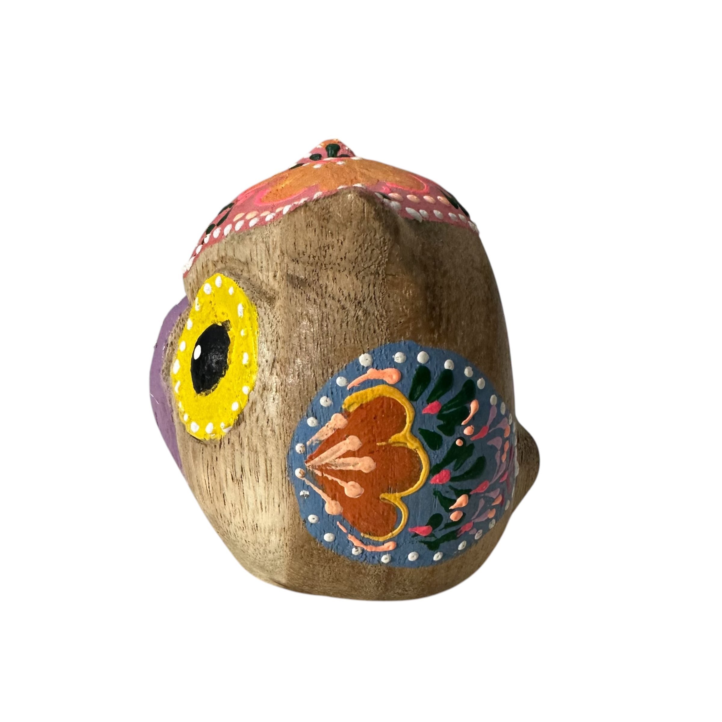 Hand-painted Wooden Owl Figurine - Yellow Eyes & Pink Accents